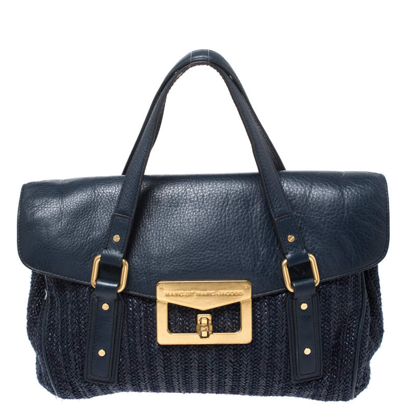 Marc by Marc Jacobs Blue Straw and Leather Flap Satchel