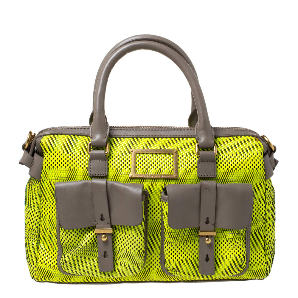 Pre Owned Marc by Marc Jacobs Neon Green/Grey Patent Leather and Nylon Werdie Satchel