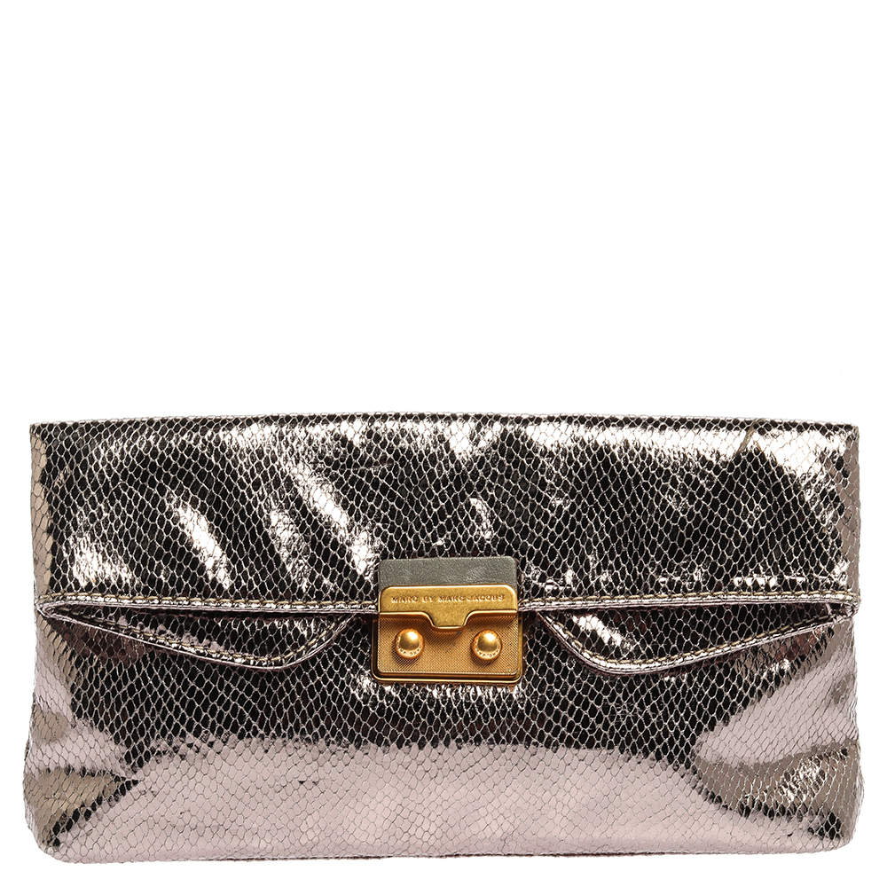 Pre Owned Marc by Marc Jacobs Metallic Snakeskin Effect Leather Fold Over Clutch