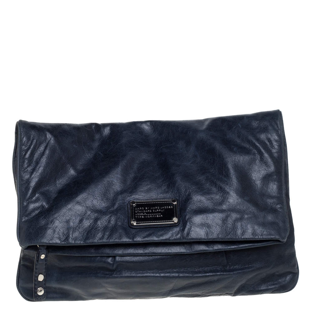 مملوكة مسبقًا Marc by Marc Jacobs Blue Crinkled Leather Foldover Clutch