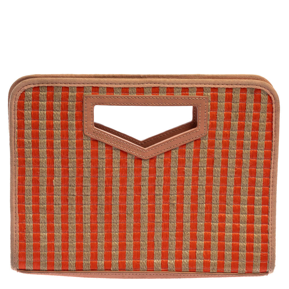Pre Owned Marc by Marc Jacobs Orange/Beige Checkered Raffia Clutch