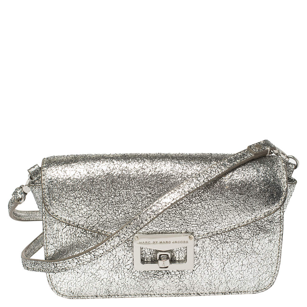 Pre Owned Marc by Marc Jacobs Silver Crackled Leather Shoulder Bag
