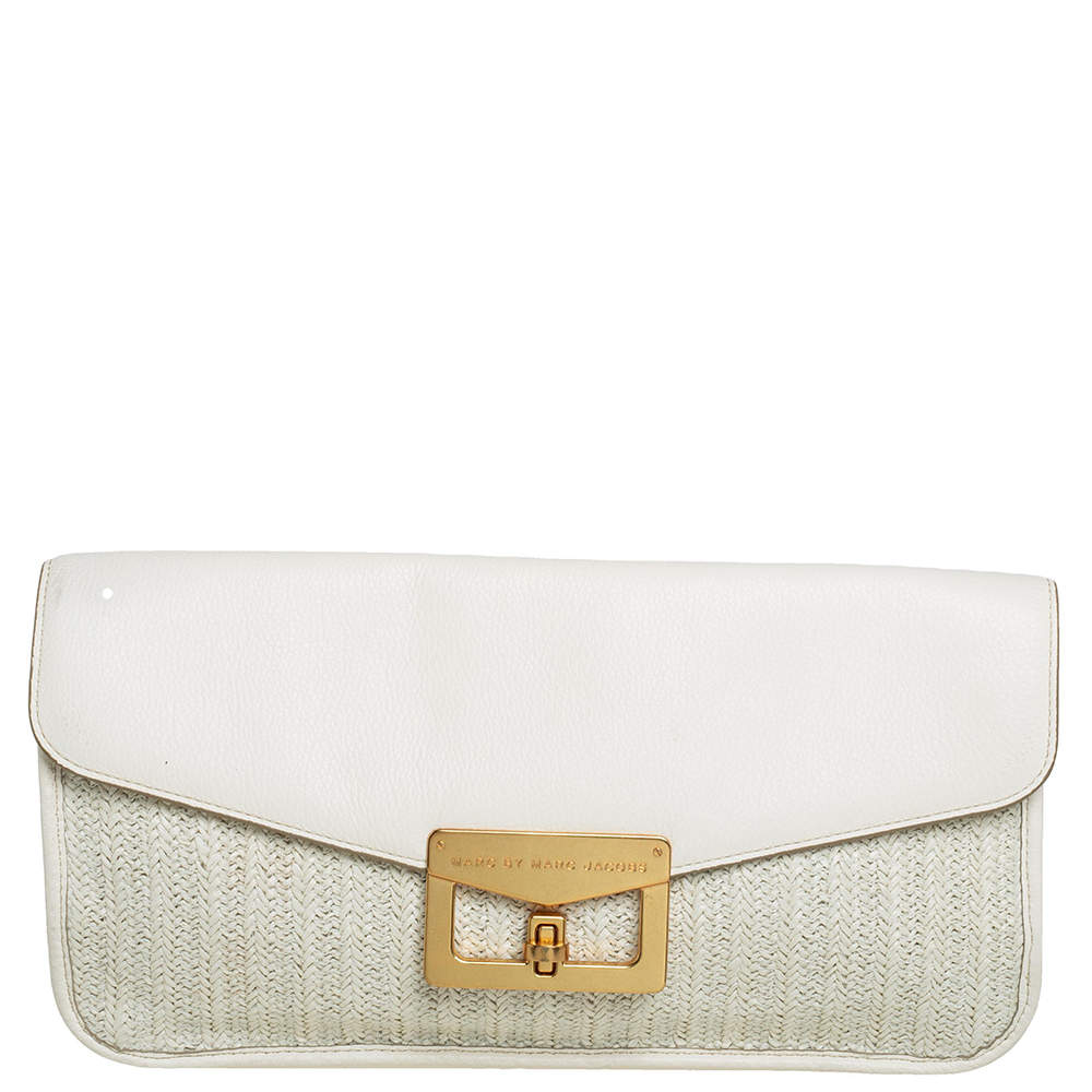 Marc By Marc Jacobs White Leather and Straw Flap Clutch