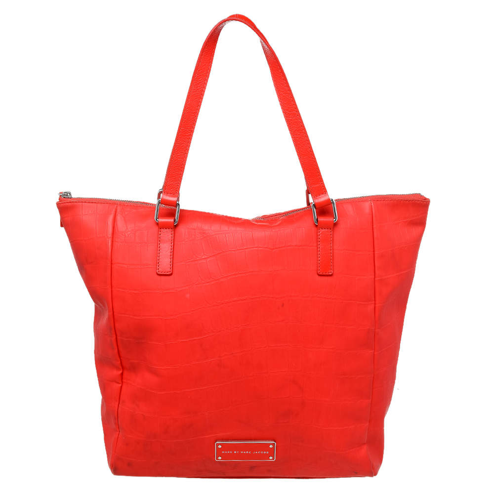 Marc by Marc Jacobs Bright Orange Croc Embossed PVC And Leather Tote