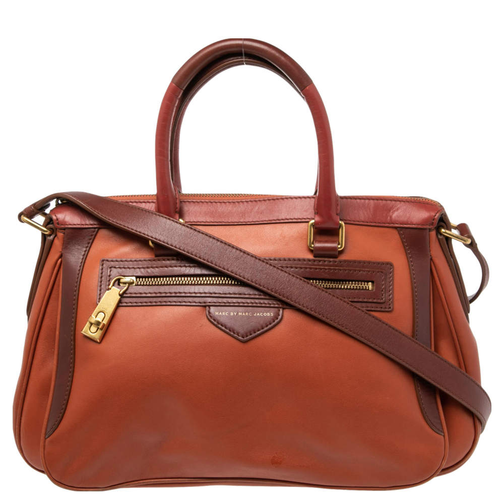 Pre Owned Marc by Marc Jacobs Orange/Burgundy Leather Zipped Satchel