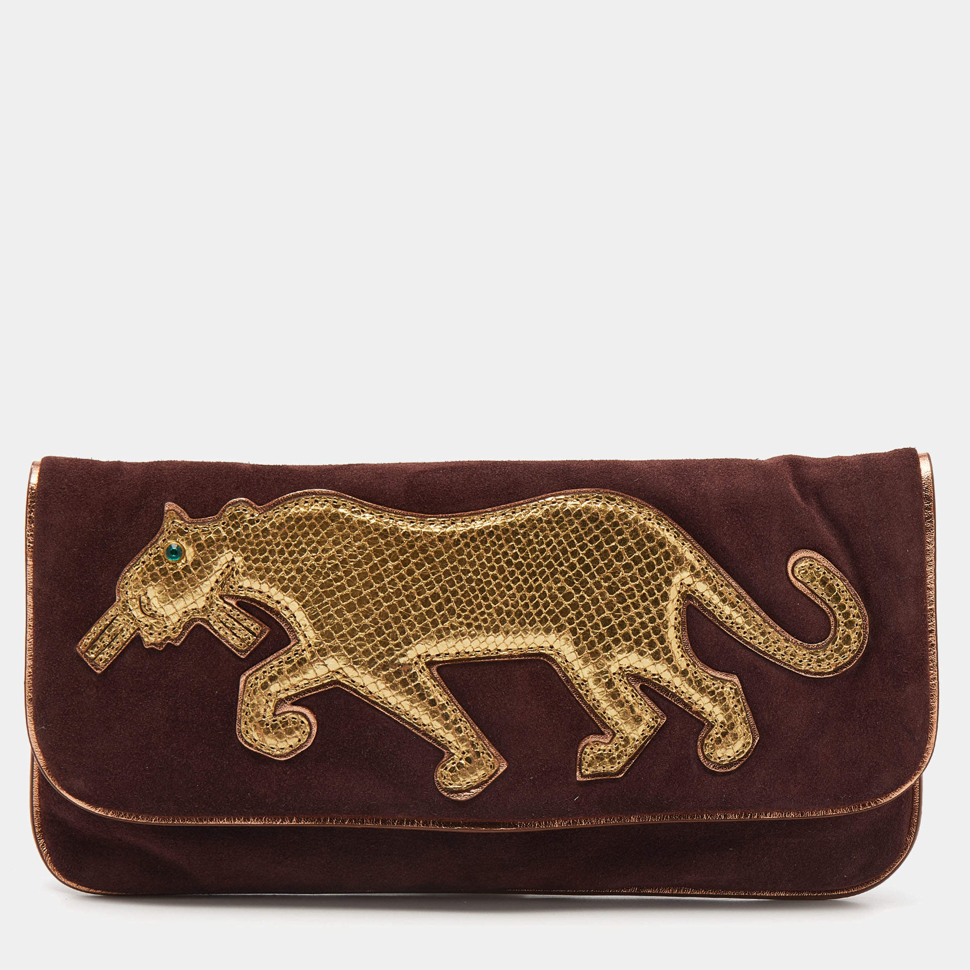 Marc by Marc Jacobs Maroon/Gold Suede and Leather Flap Clutch
