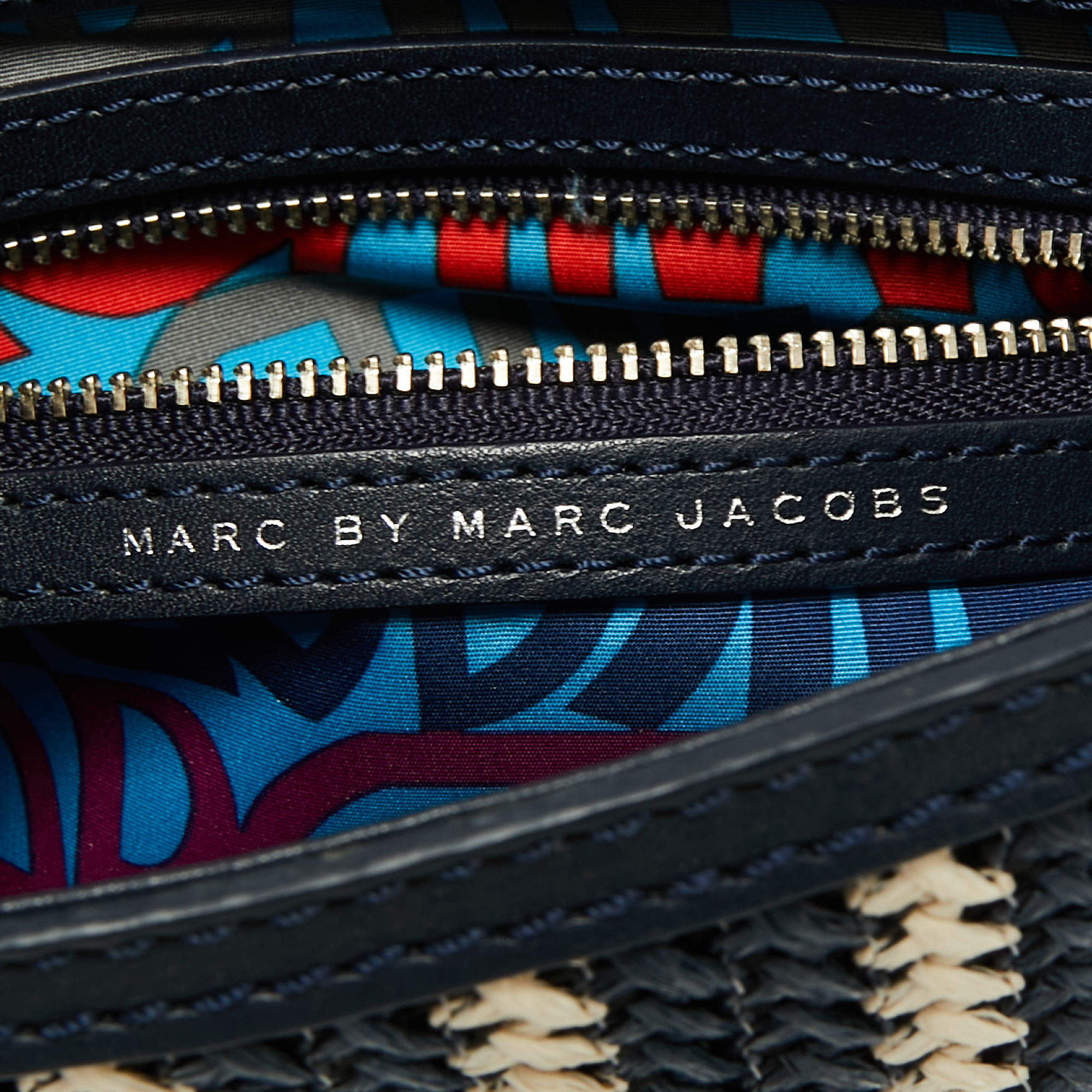 Marc By Marc Jacobs Navy Blue/White Woven Raffia and Leather Flap Crossbody  Bag Marc by Marc Jacobs