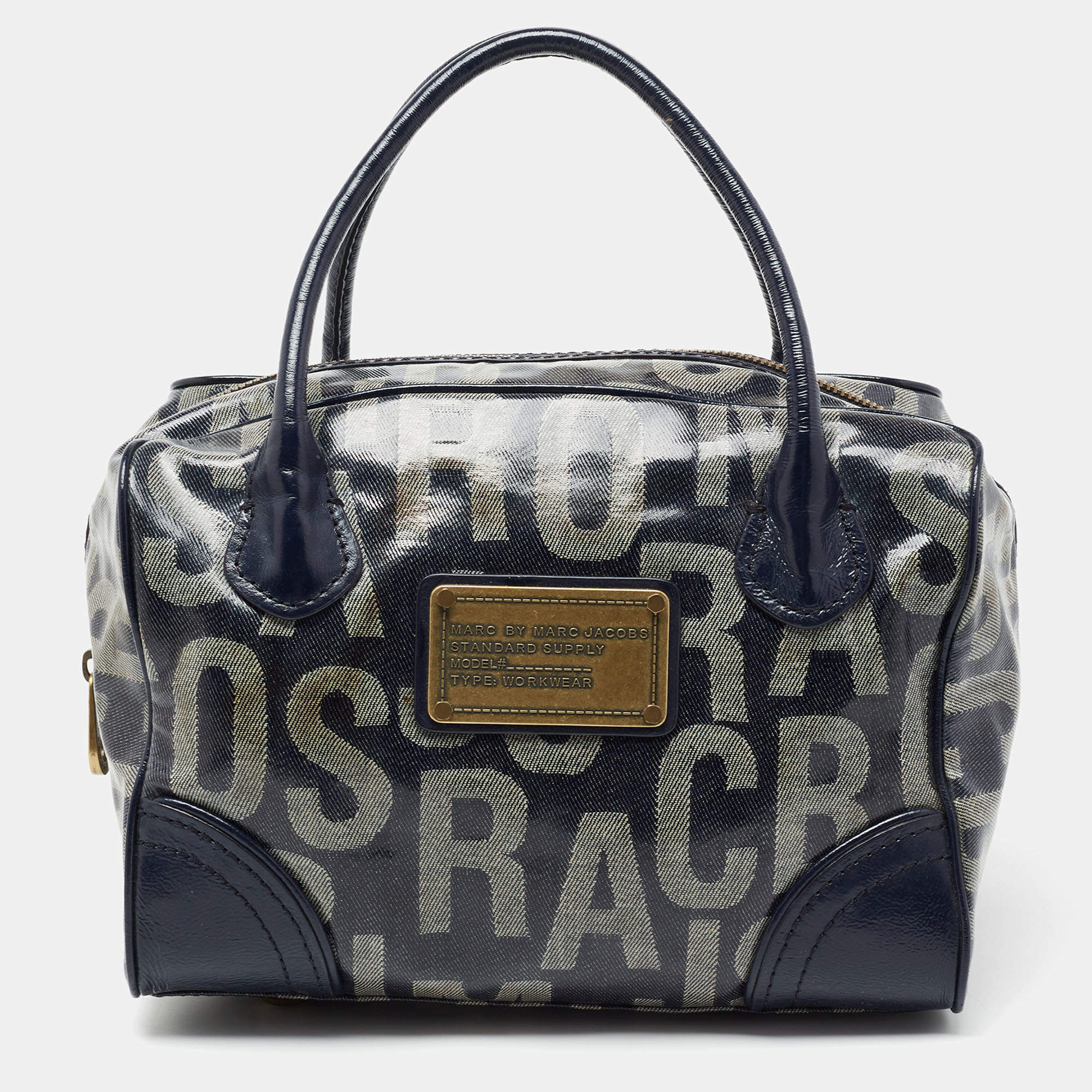 مملوكة مسبقًا Marc by Marc Jacobs Navy Blue Patent Leather And Monogram Denim Satchel