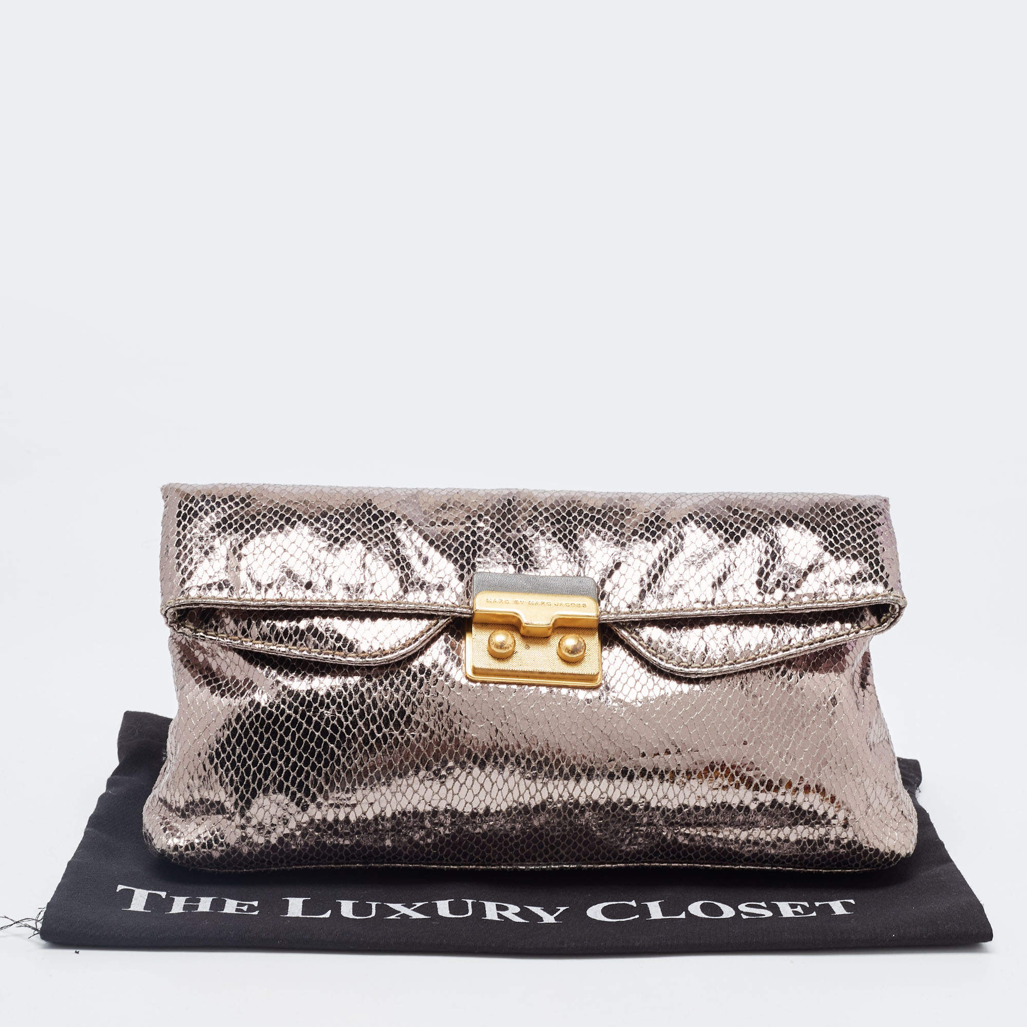 Marc by Marc Jacobs Metallic Silver Snakeskin Embossed Leather Foldover  Clutch Marc by Marc Jacobs | The Luxury Closet