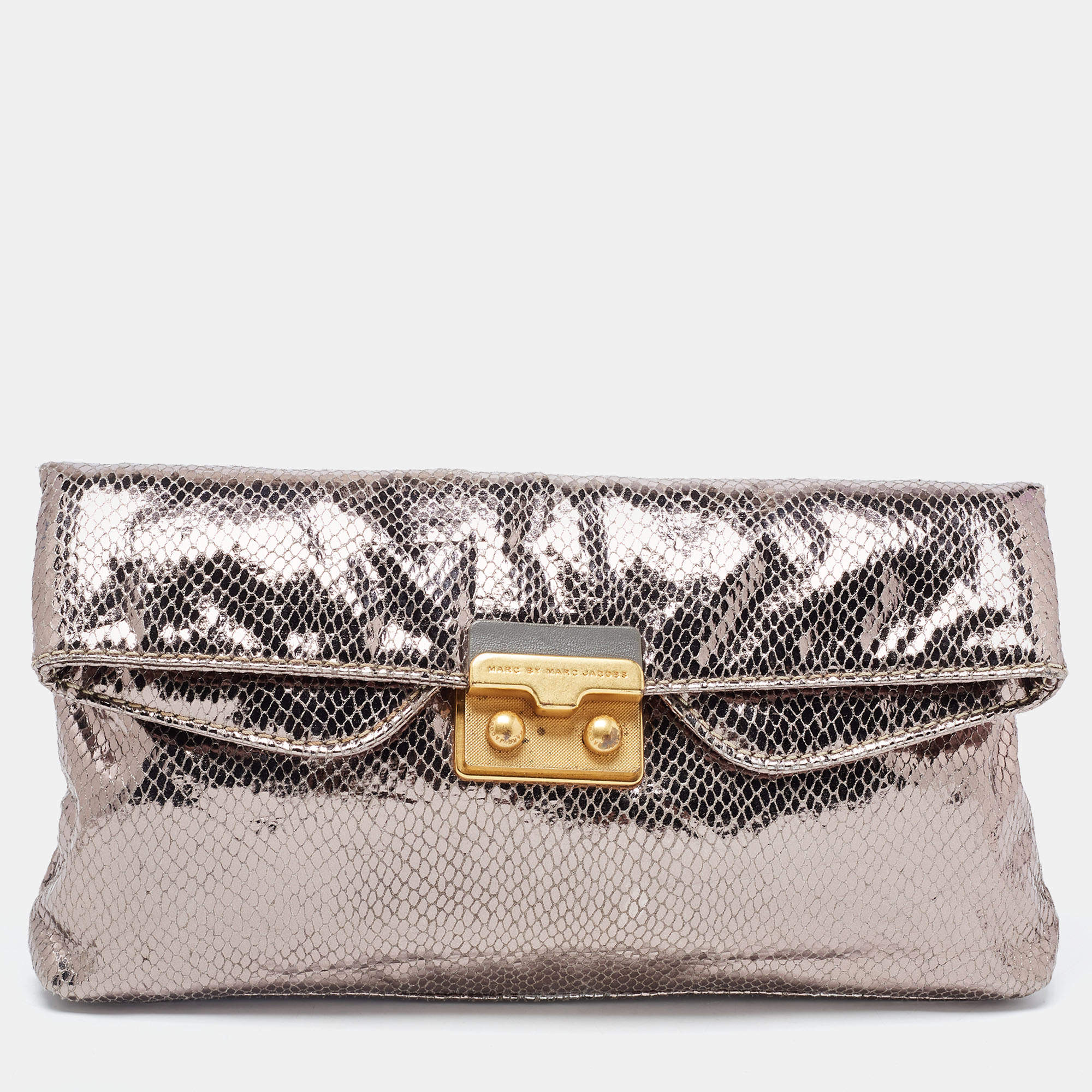 Marc by Marc Jacobs Metallic Silver Snakeskin Embossed Leather Foldover Clutch
