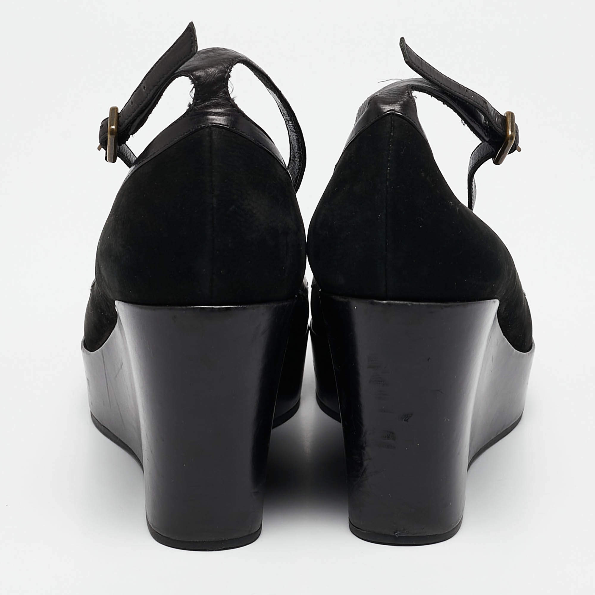 Pre Owned Marc by Marc Jacobs Black Leather and Nubuck Leather Wedge Pumps Size 39