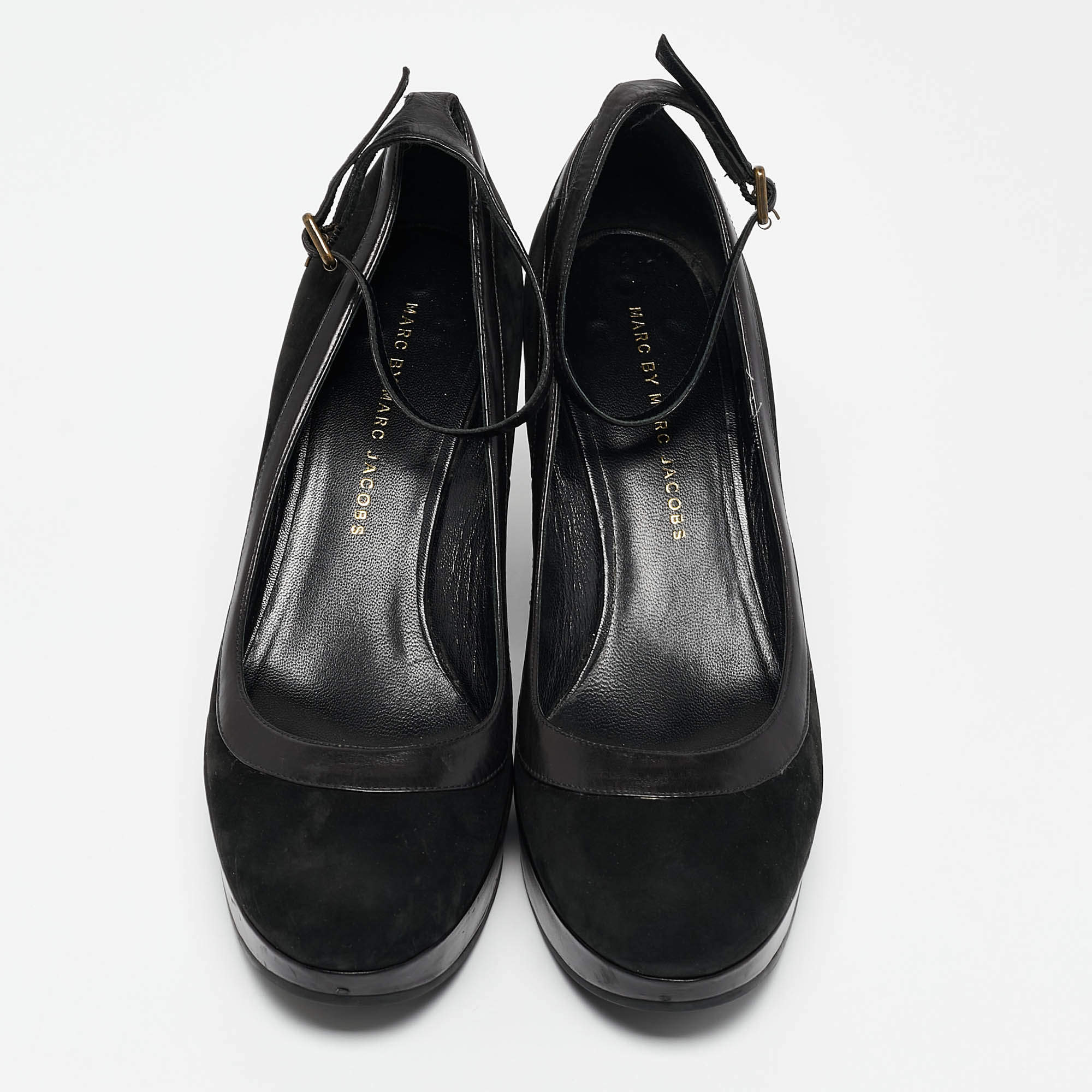 Pre Owned Marc by Marc Jacobs Black Leather and Nubuck Leather Wedge Pumps Size 39