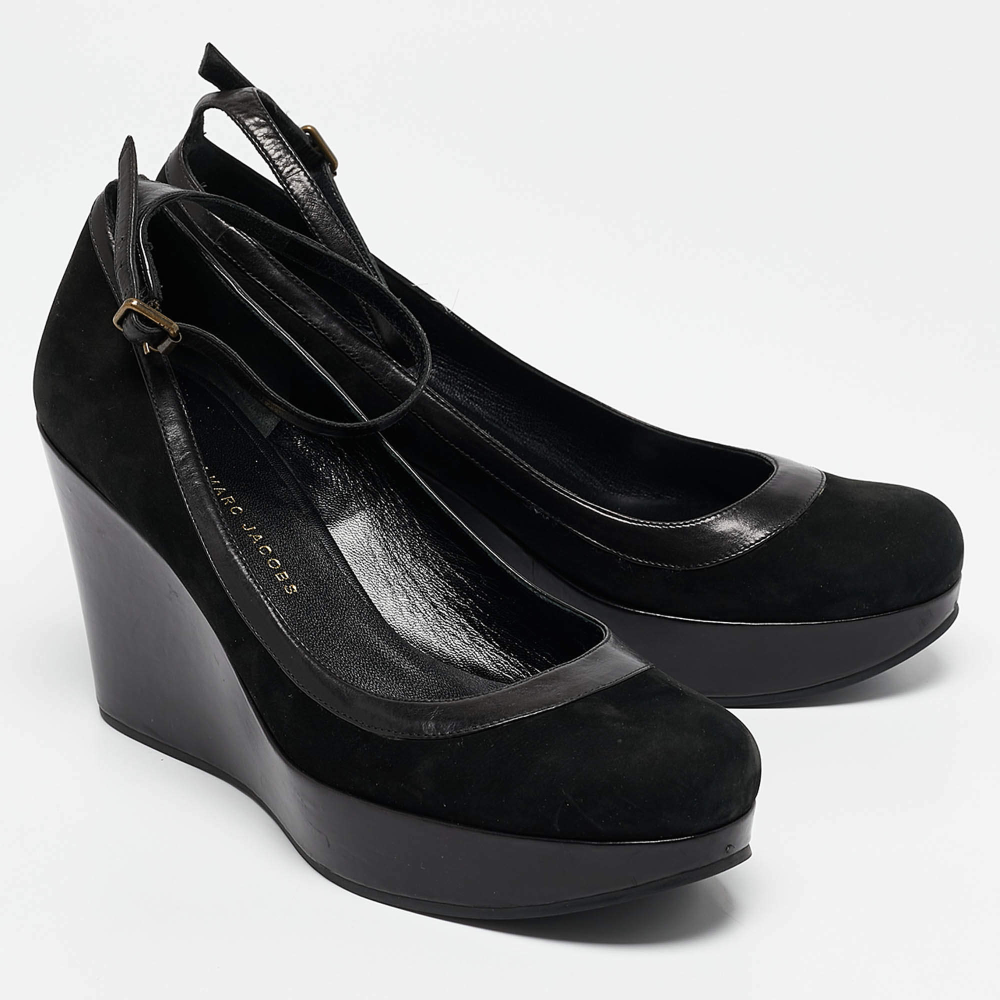 Pre Owned Marc by Marc Jacobs Black Leather and Nubuck Leather Wedge Pumps Size 39
