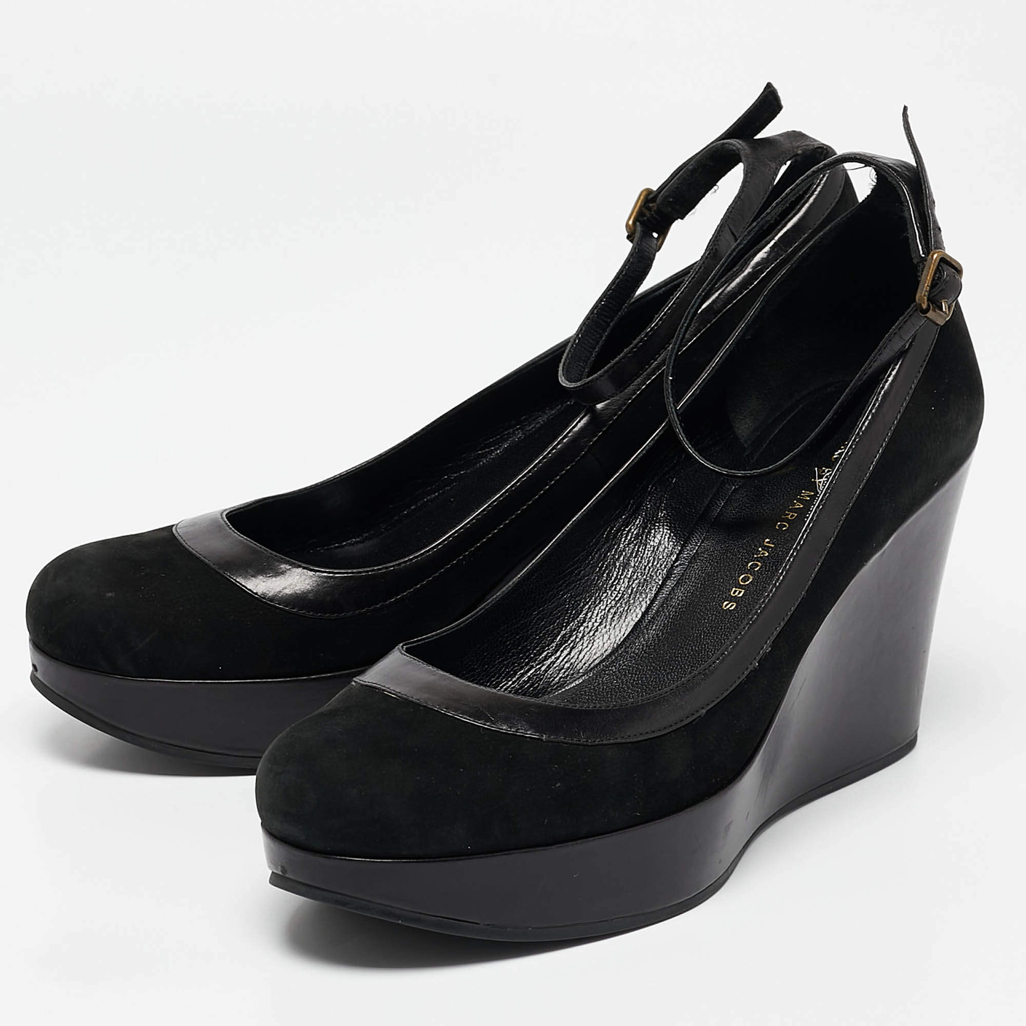 Pre Owned Marc by Marc Jacobs Black Leather and Nubuck Leather Wedge Pumps Size 39