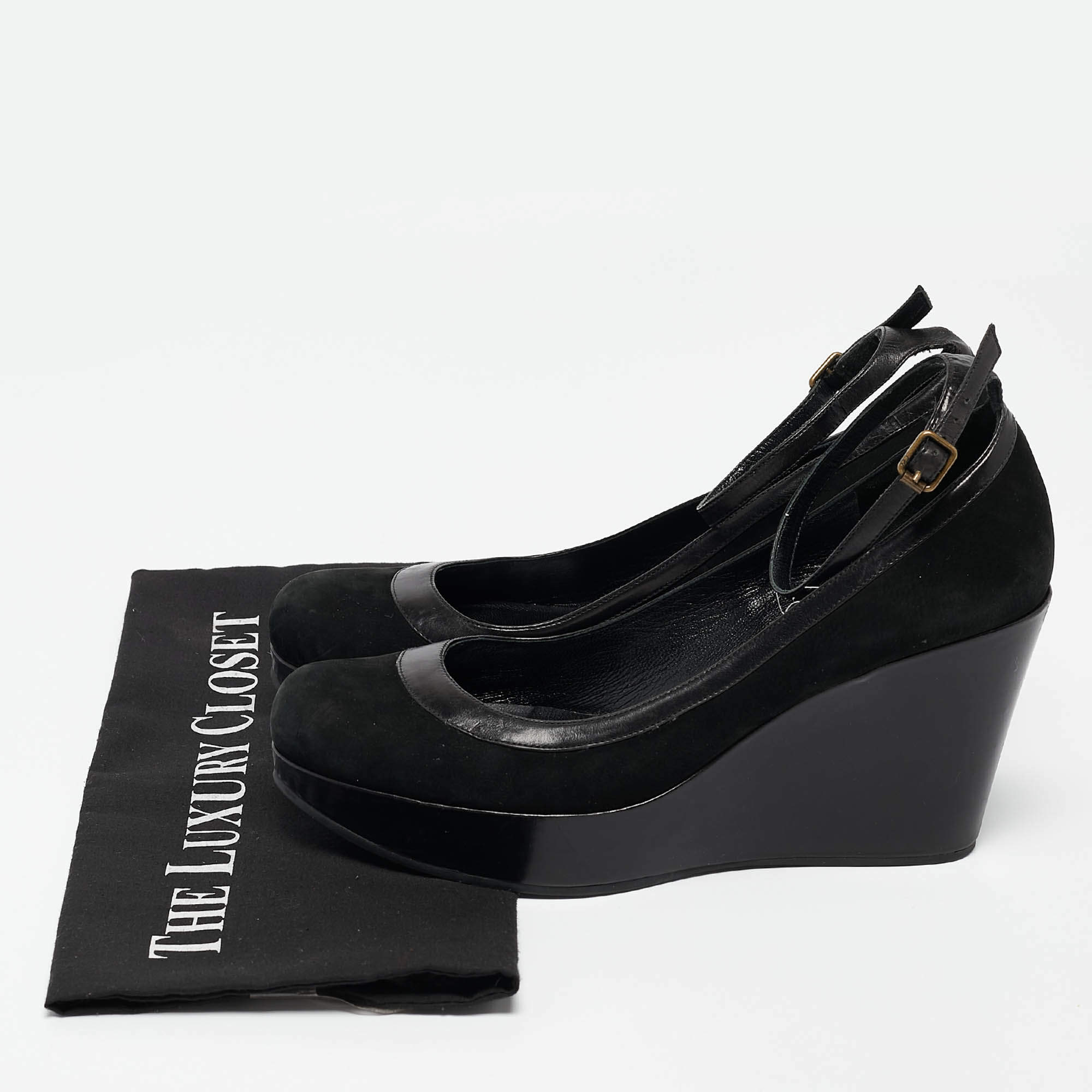 Pre Owned Marc by Marc Jacobs Black Leather and Nubuck Leather Wedge Pumps Size 39
