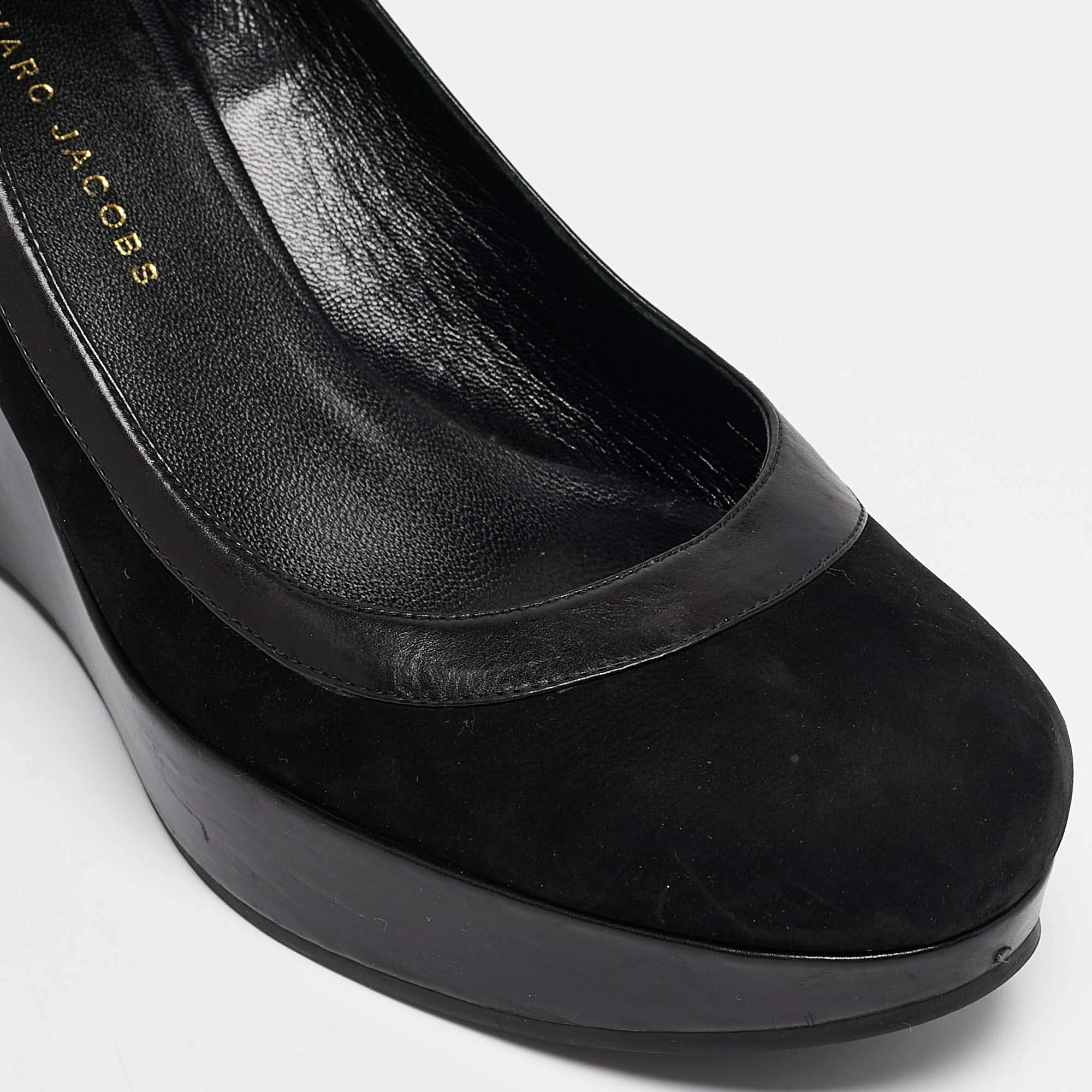 Pre Owned Marc by Marc Jacobs Black Leather and Nubuck Leather Wedge Pumps Size 39