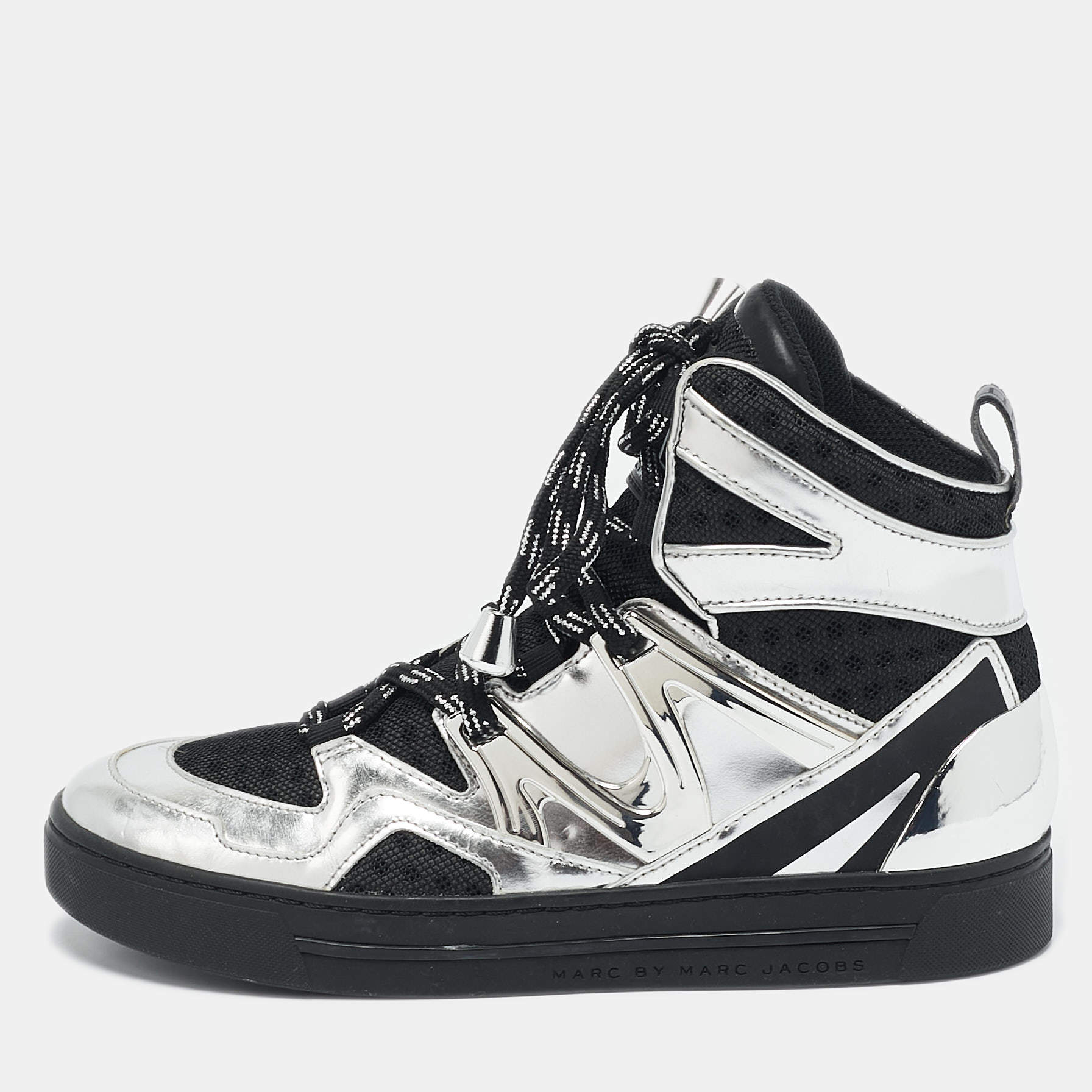 Marc by Marc Jacobs Silver/Black Leather and Fabric High Top Sneakers Size 36
