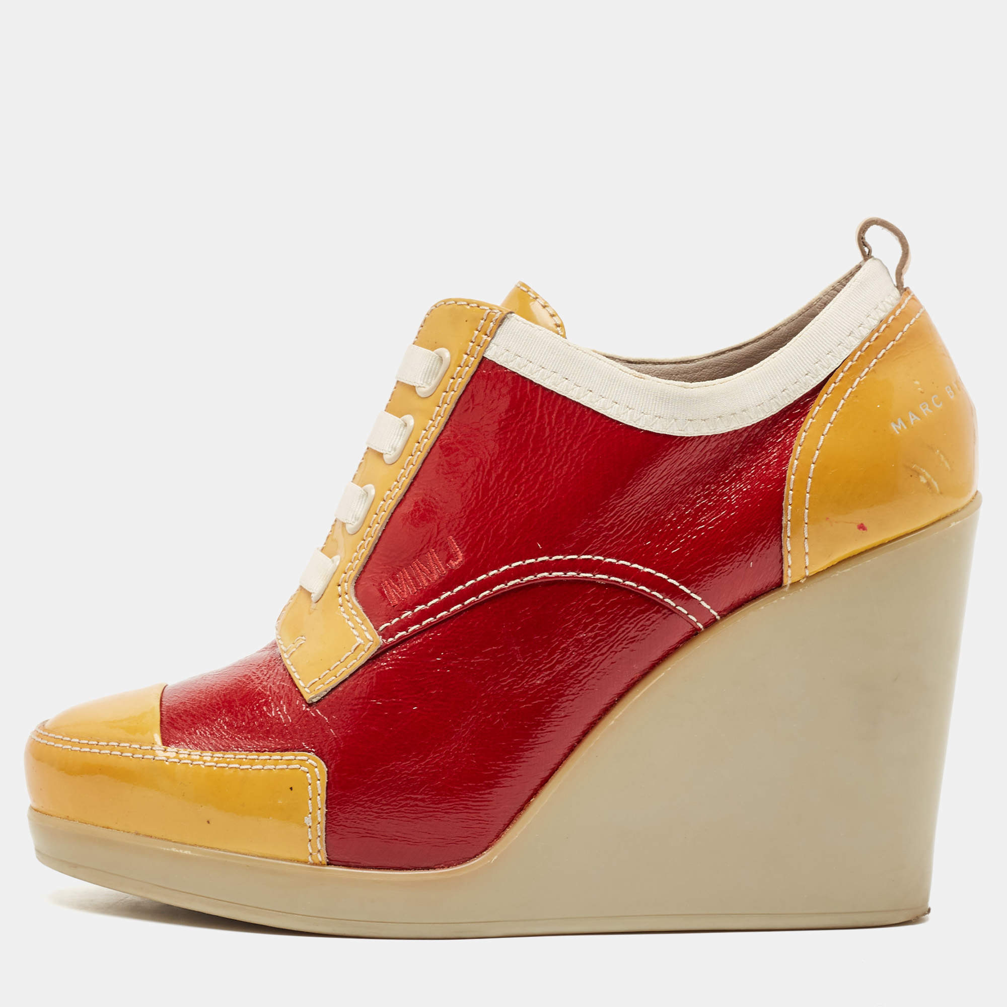 Marc by Marc Jacobs Red/Yellow Patent Leather Wedge Sneakers Size 37
