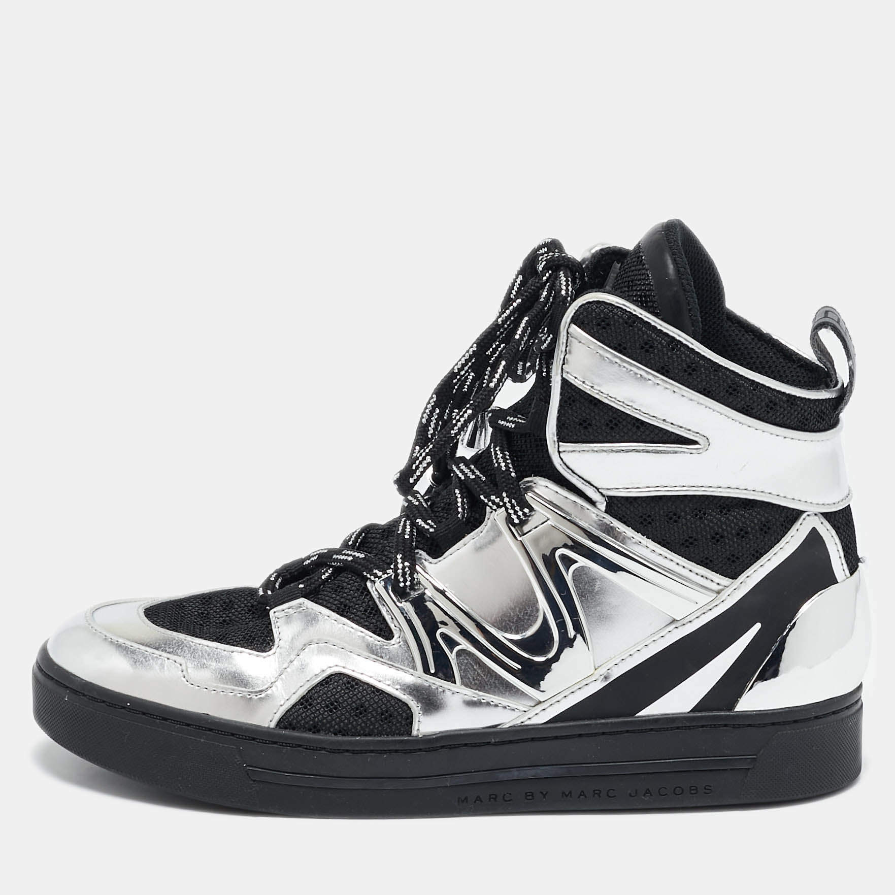 Marc by Marc Jacobs Silver/Black Leather and Fabric High Top Sneakers Size 36
