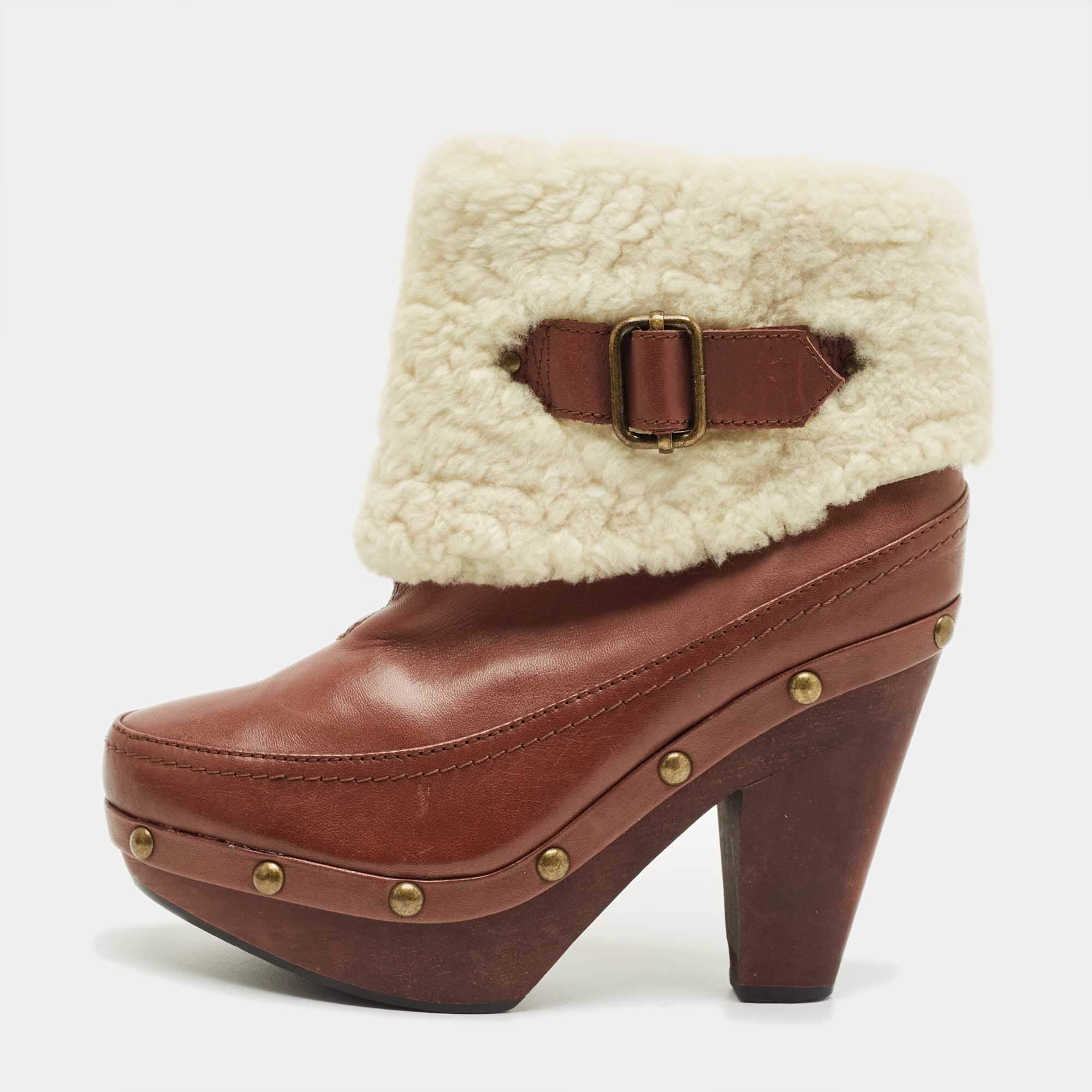 Pre Owned Marc by Marc Jacobs Brown Leather and Shearling Ankle Length Boots Size 37