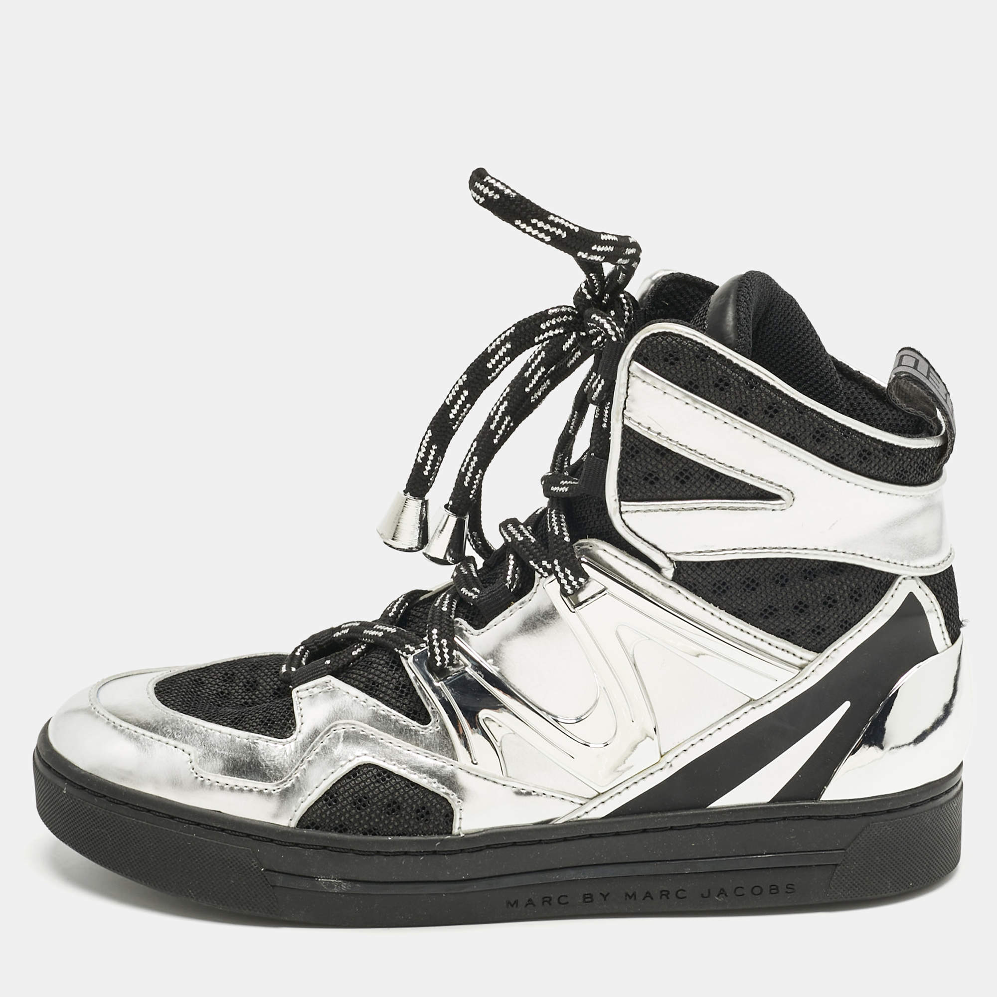 Pre Owned Marc by Marc Jacobs Silver/Black Leather and Fabric High Top Sneakers Size 36