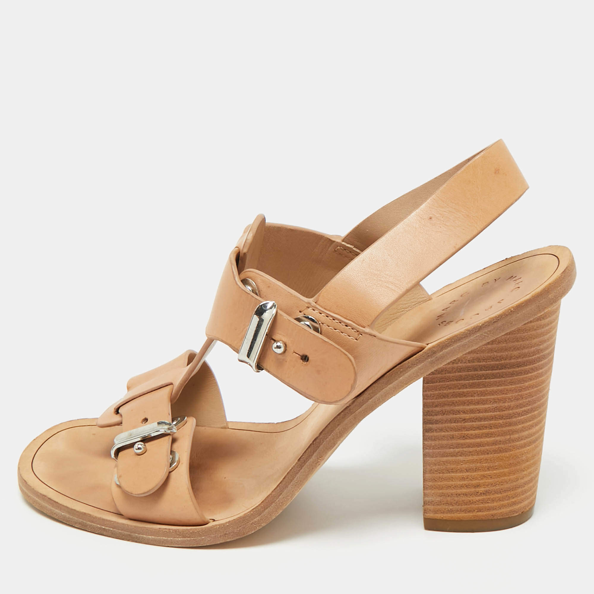 Pre Owned Marc by Marc Jacobs Beige Leather T-Strap Buckle Sandals Size 37