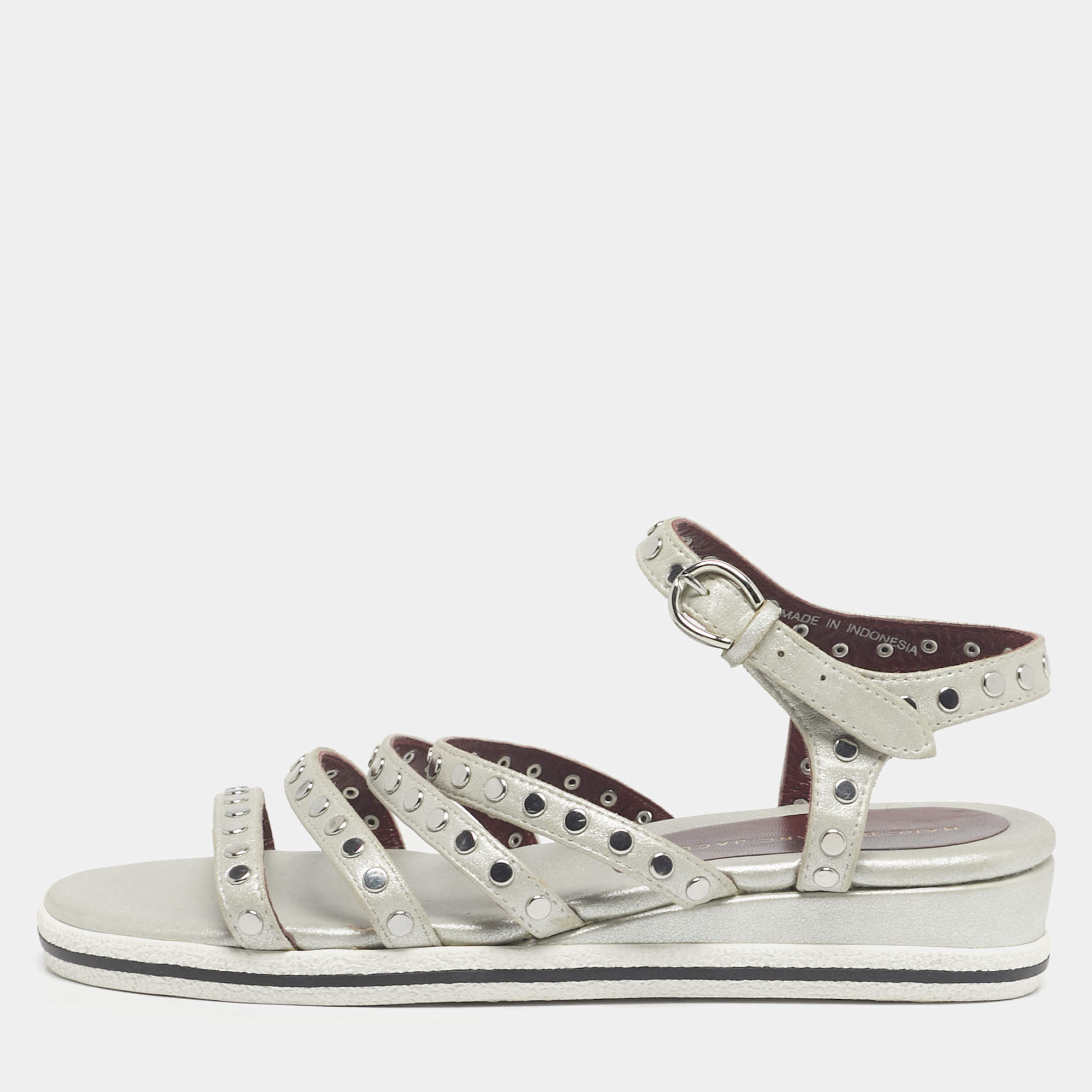 Pre Owned Marc by Marc Jacobs Silver Leather Gena Studded Ankle Strap Flat Sandals Size 36.5