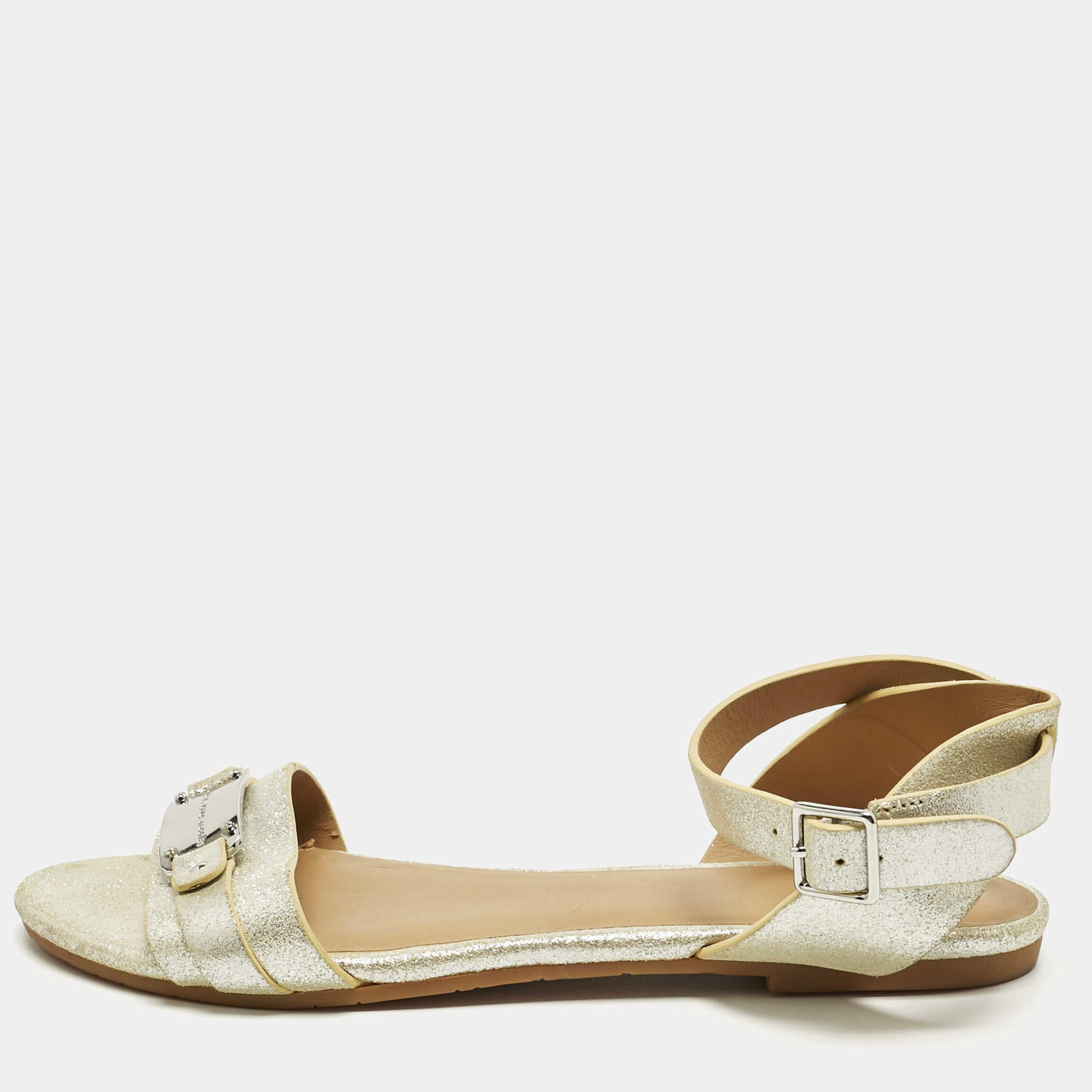 Pre Owned Marc by Marc Jacobs Silver Nubuck Leather Ankle Strap Flats Size 36