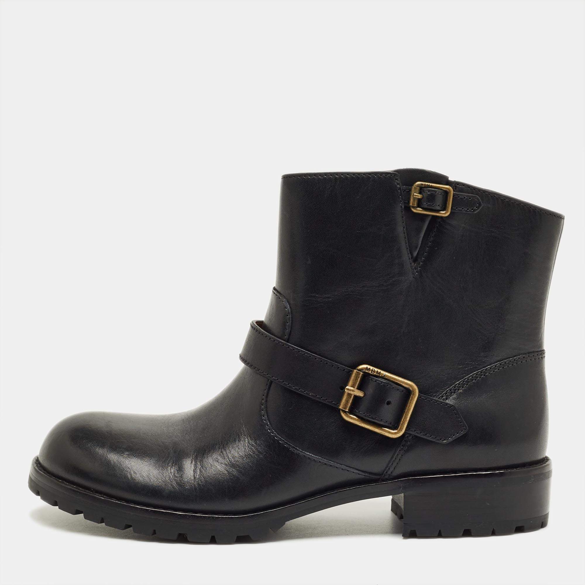 Pre Owned Marc by Marc Jacobs Black Leather Ankle Length Engineer Buckle Boots Size 40