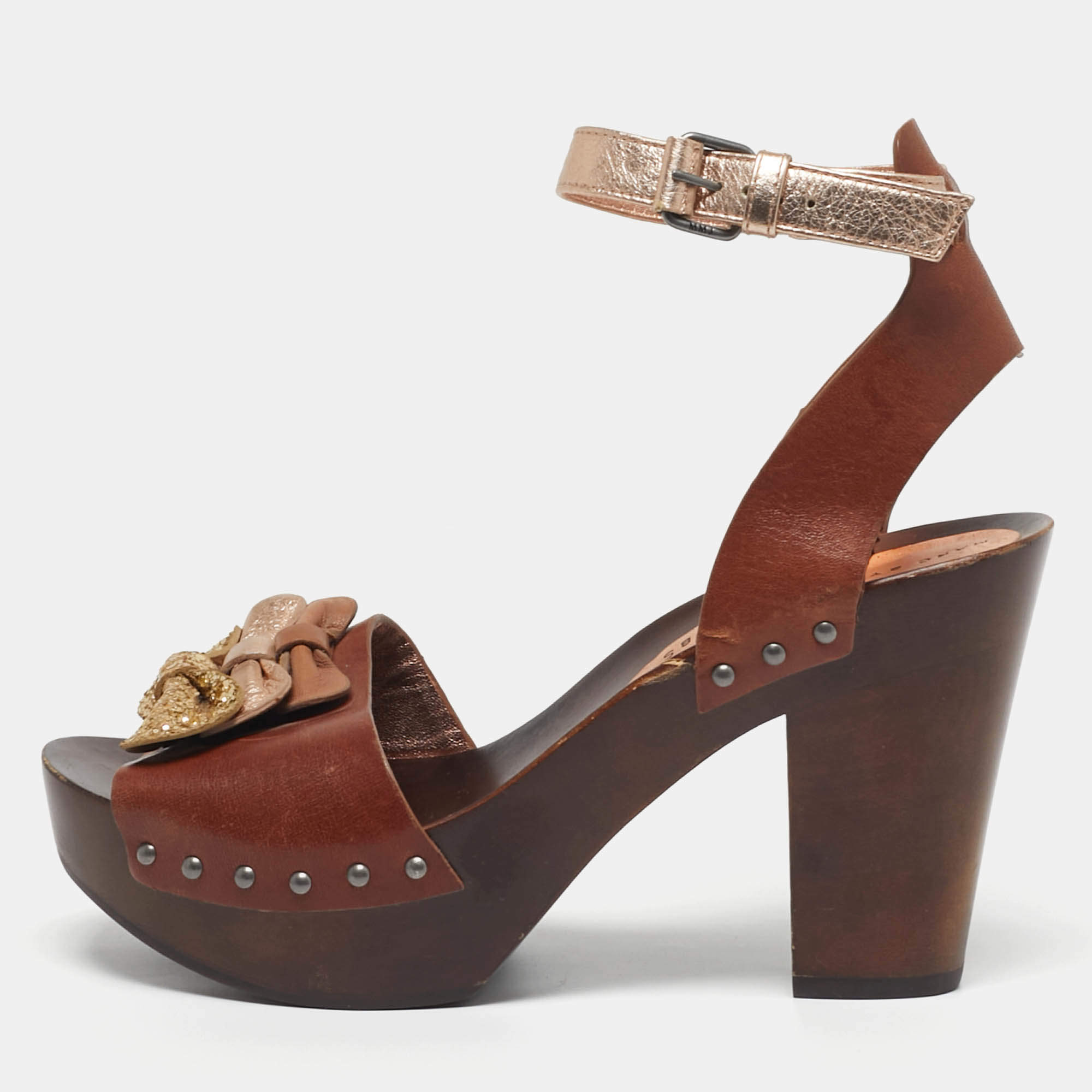 مملوكة مسبقًا Marc by Marc Jacobs Size 37.5 Brown/Gold Leather Ankle Strap Sandals