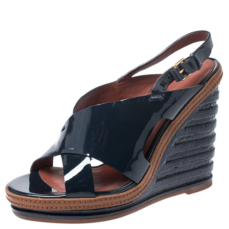 Pre Owned Marc by Marc Jacobs Dark Blue Cross Patent Leather Wedge Sandals Size 37.5