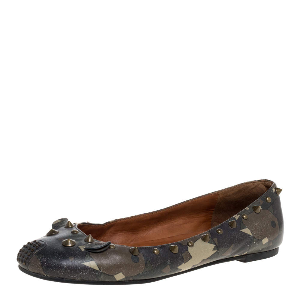 مملوكة مسبقًا Marc by Marc Jacobs Multicolor Camo Leather Spike Trim Mouse Ballet Flats Size 37