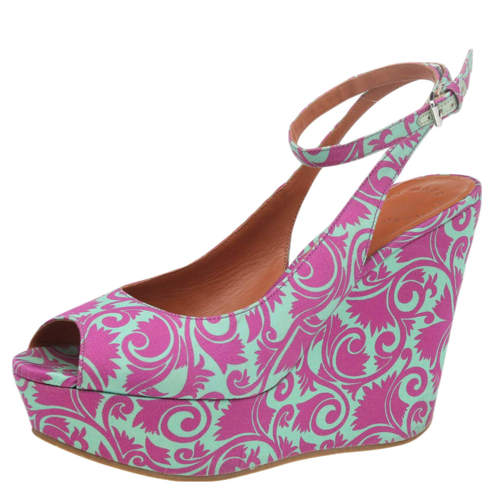 Pre Owned Marc by Marc Jacobs Pink/Green Floral Fabric Wedge Platform Ankle Strap Sandals Size 38