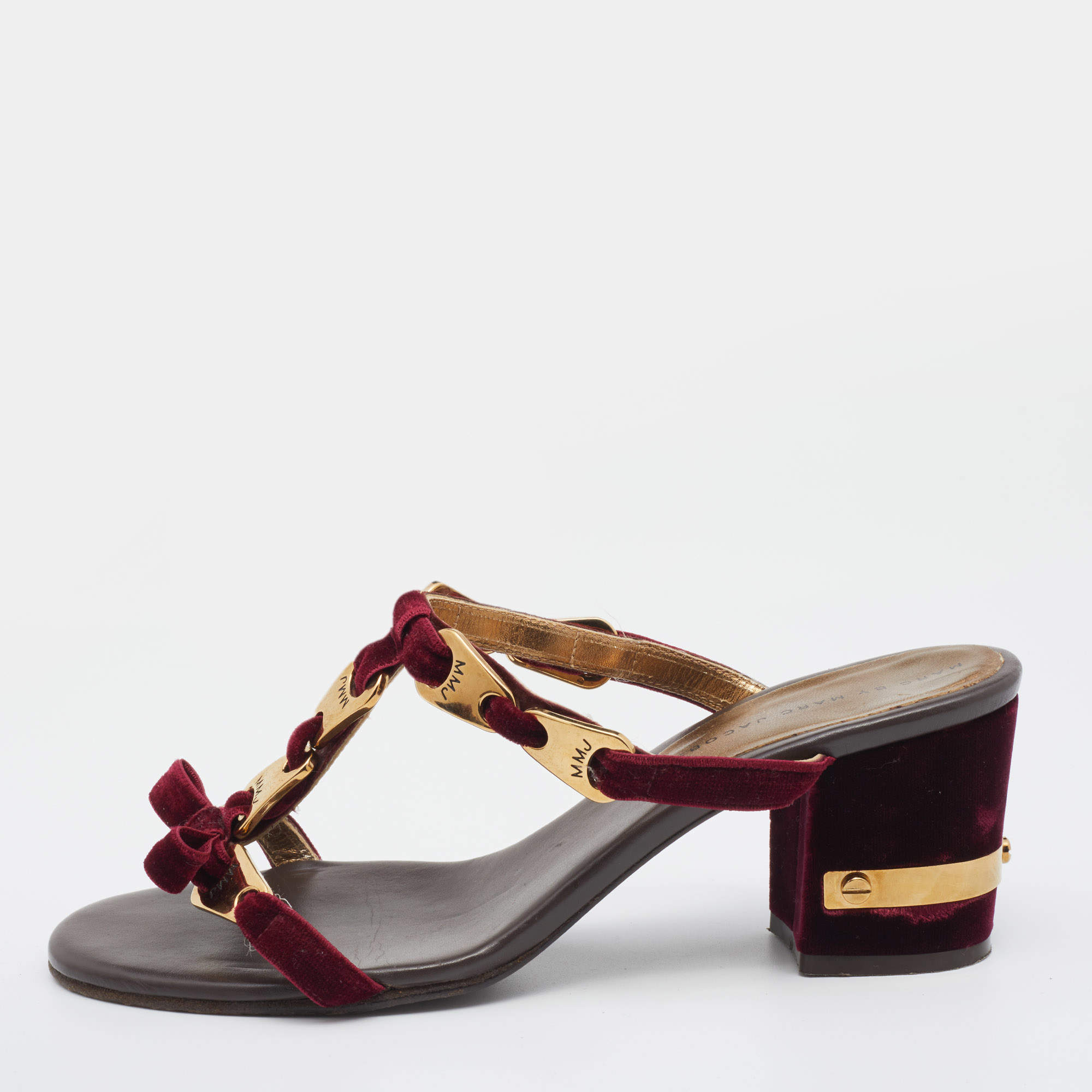 مملوكة مسبقًا Marc by Marc Jacobs Burgundy Velvet Bow Block Heel Slide Sandals Size 39.5