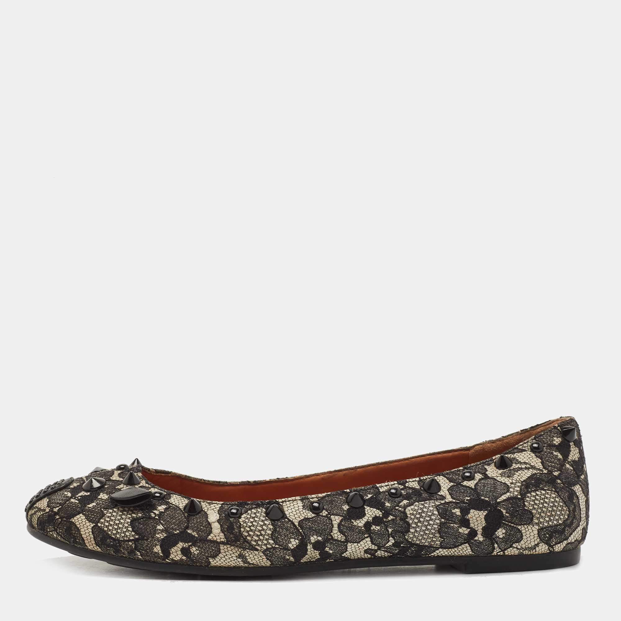 مملوكة مسبقًا Marc by Marc Jacobs Black/White Lace and Leather Spike  Mouse Ballet Flats Size 36