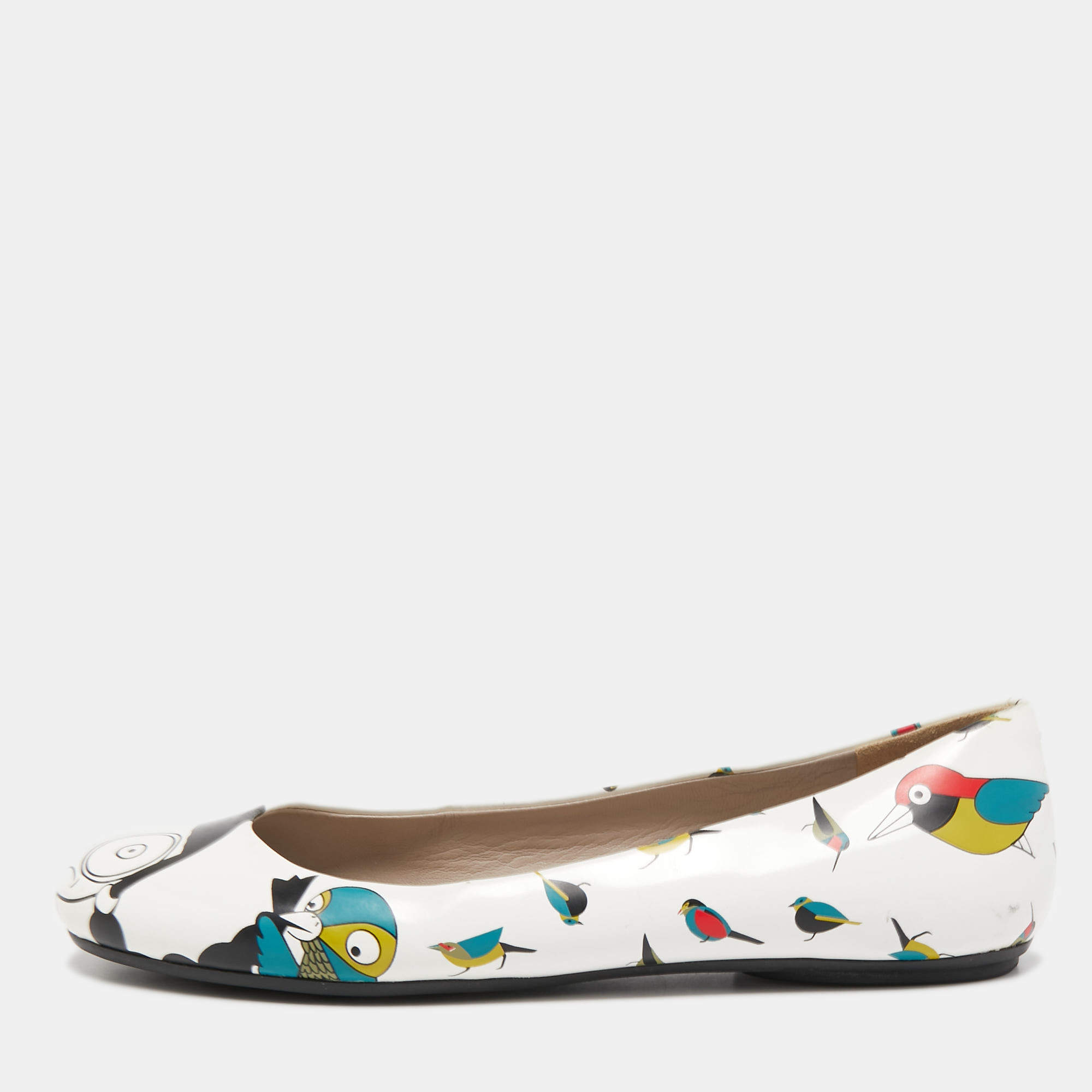 Pre Owned Marc by Marc Jacobs White Bird Print Leather Ballet Flats Size 35