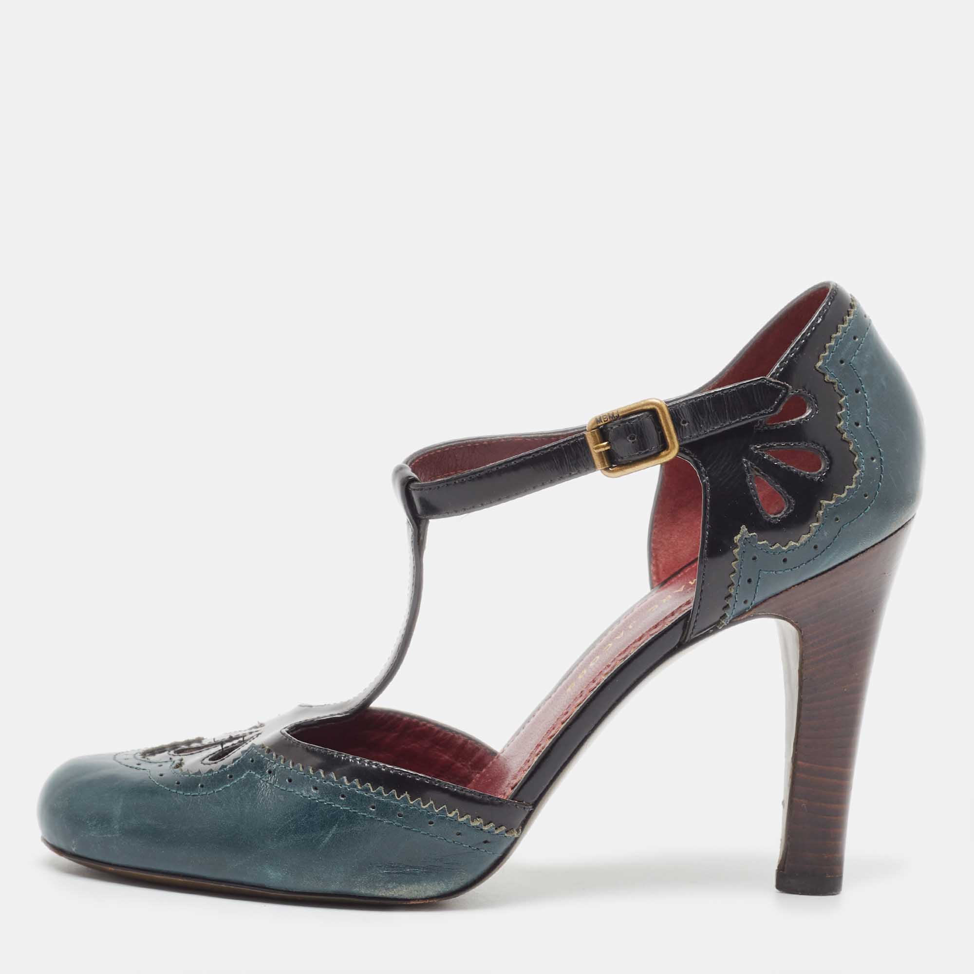 Pre Owned Marc By Marc Jacobs Green/Black Leather Cut Out T-Bar Ankle Strap Pumps Size 38.5