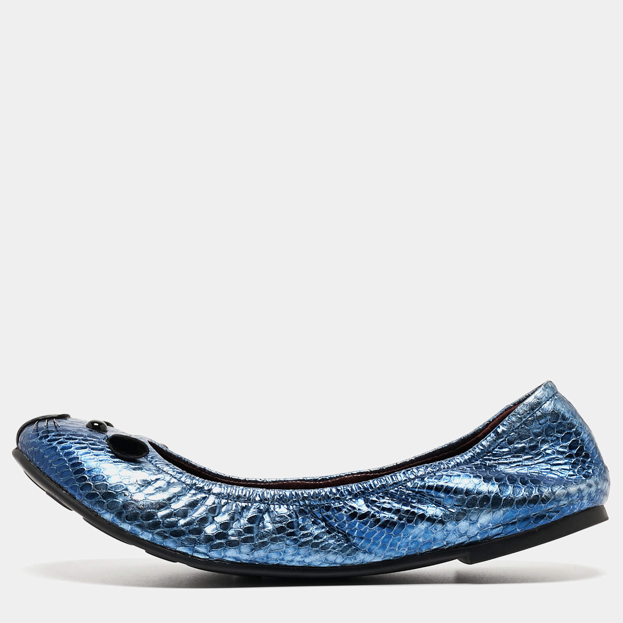 Pre Owned Marc by Marc Jacobs Metallic Blue Embossed Python Mouse Scrunch Ballet Flats Size 38