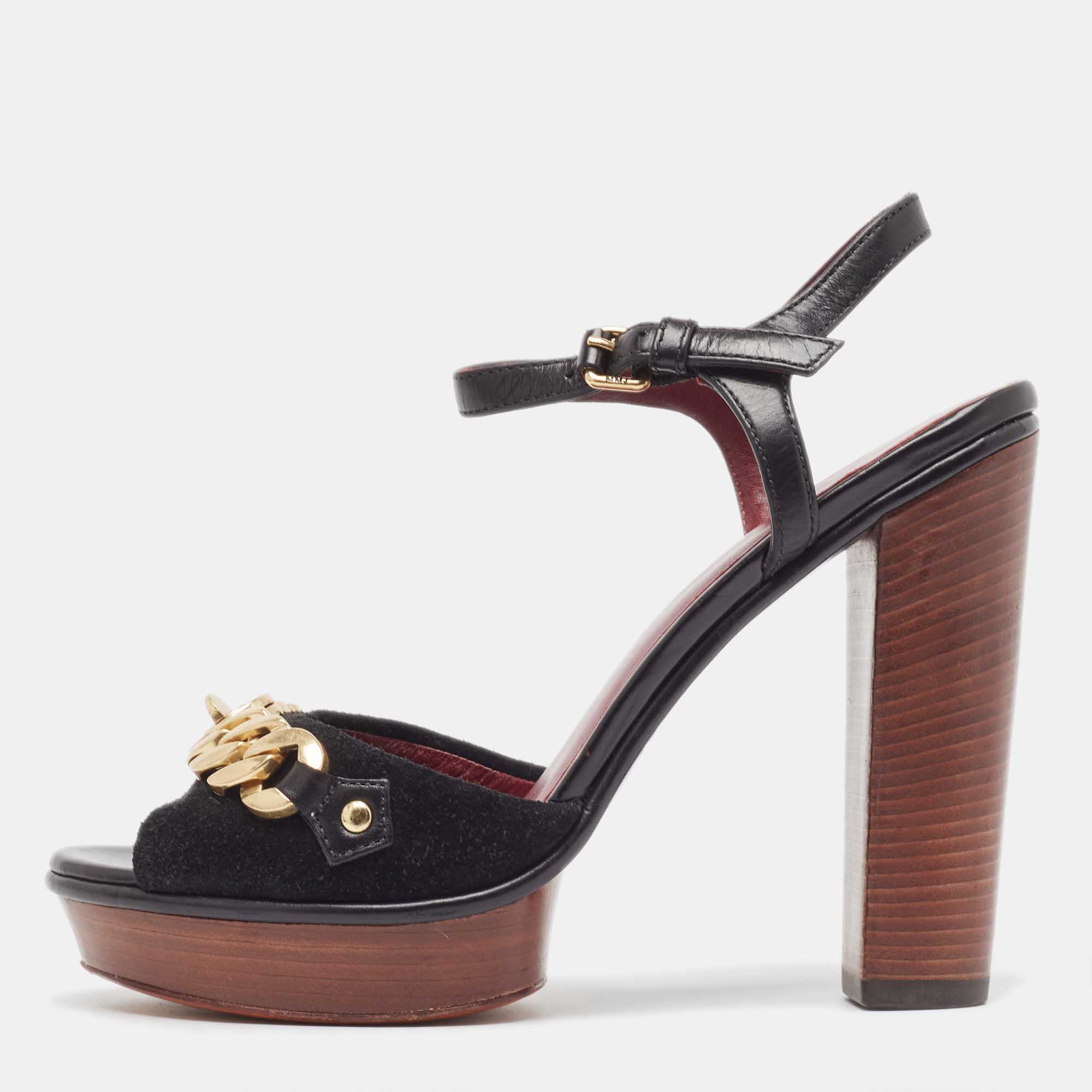 Pre Owned Marc by Marc Jacobs Black Suede and Leather Chain Detail Platform Sandals Size 36