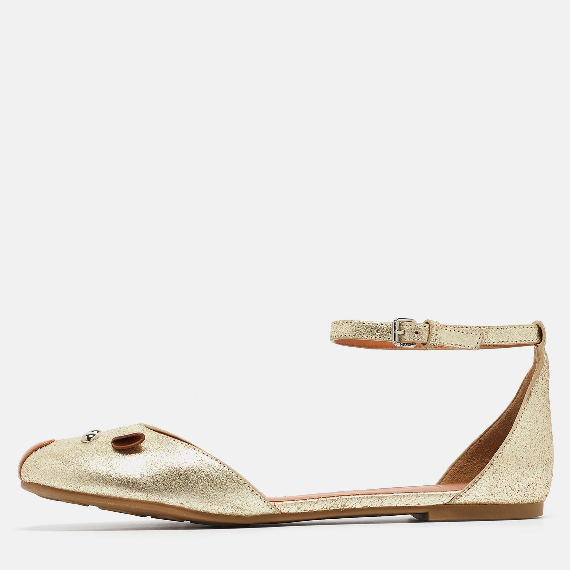 Pre Owned Marc by Marc Jacobs Gold Leather Mouse Ankle Strap Flats Size 39.5