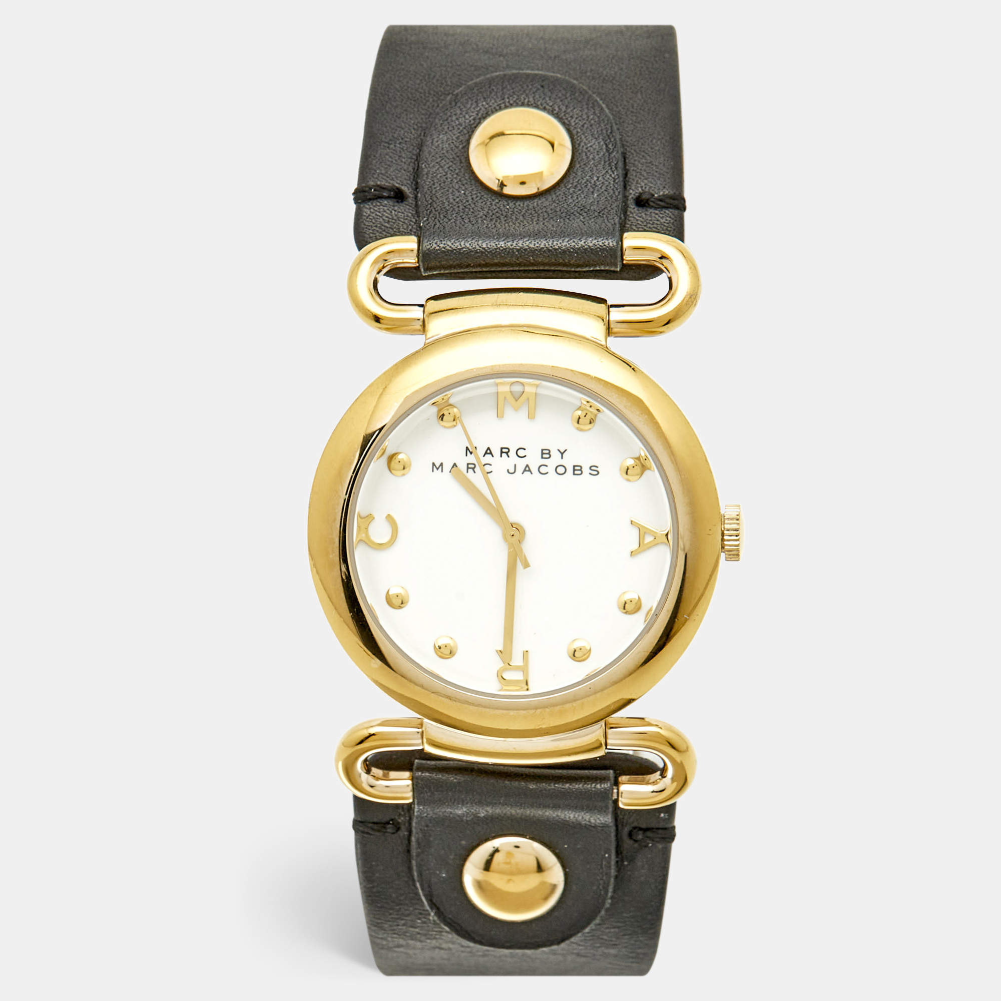 Pre Owned Marc By Marc Jacobs Molly MBM1304 White Dial Gold Tone Stainless Steel Leather Women's Wristwatch 36 mm