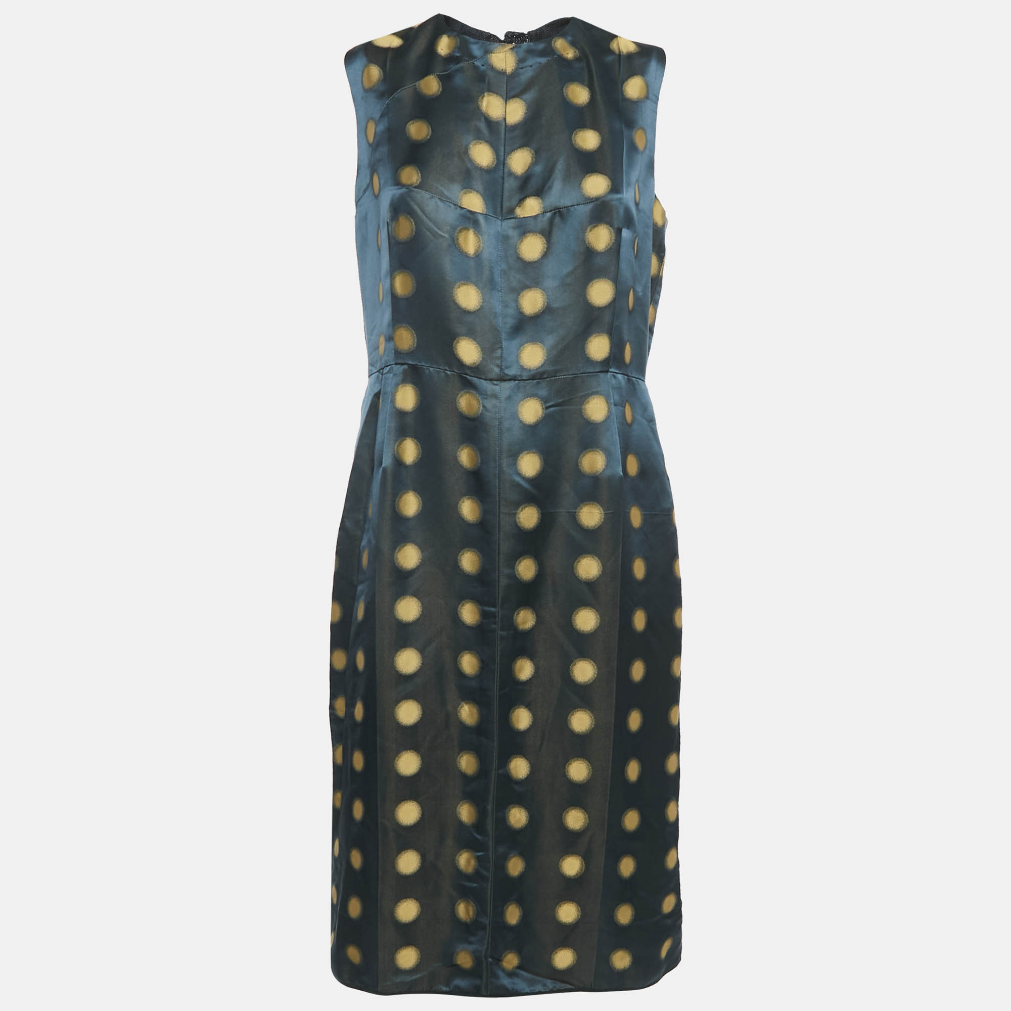 Marc Jacobs Navy Blue Polka Dot Jacquard Silk Blend Sleeveless Midi Dress L