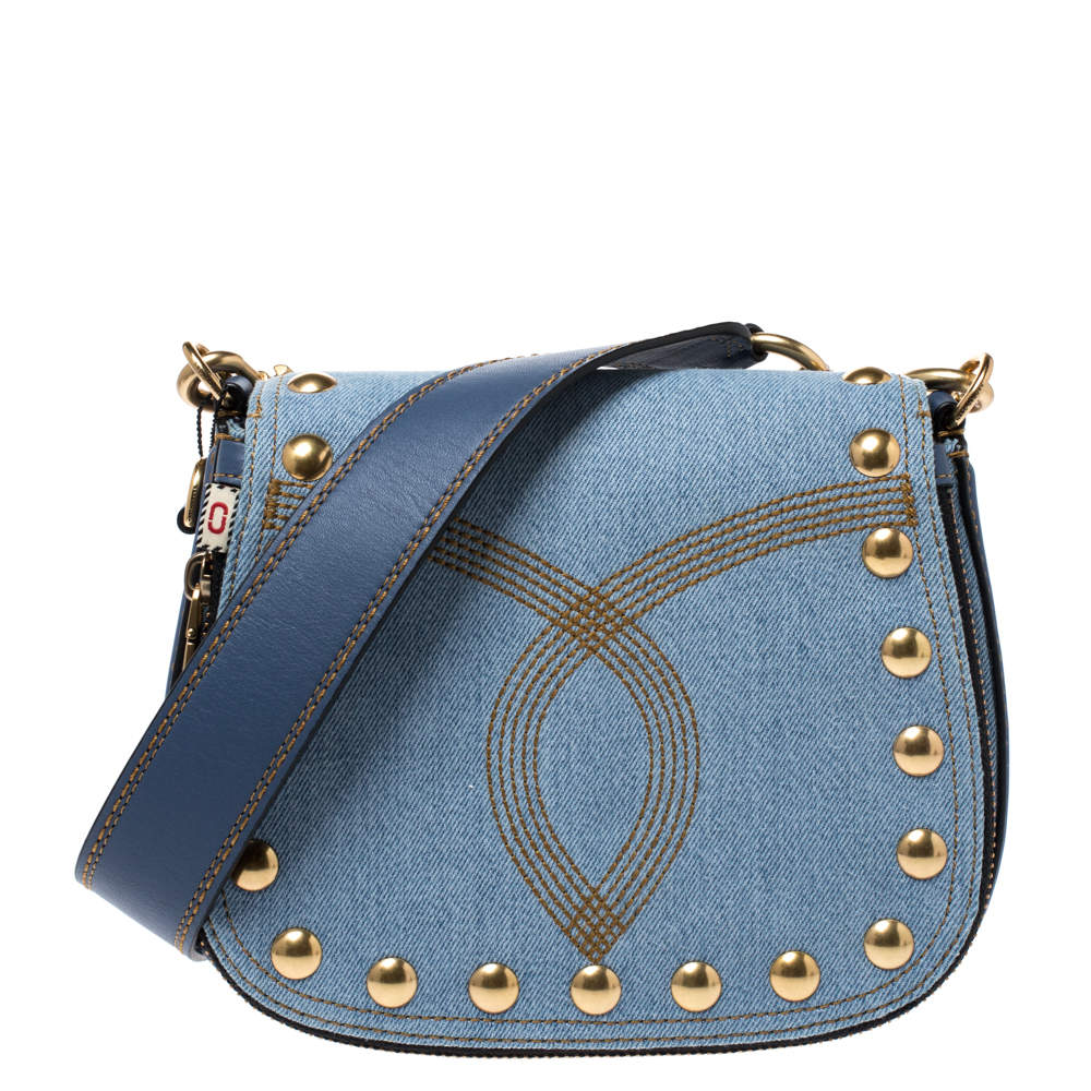 Pre Owned Marc Jacobs Blue Denim and Leather Small Studded Nomad Crossbody Bag