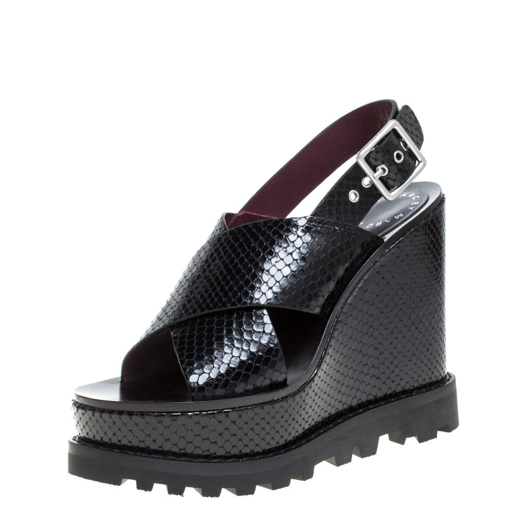 Marc by Marc Jacobs Black Python Embossed Leather Irving Platform Wedge Sandals Size 35.5