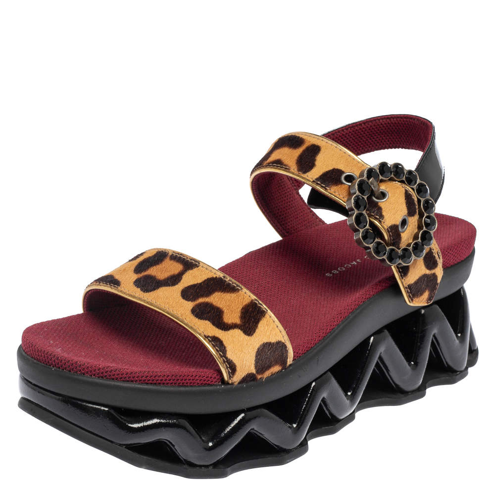 Marc by Marc Jacobs Beige Leopard Print Calf Hair and Patent Leather Ninja Wave Platform Sandals Size 37