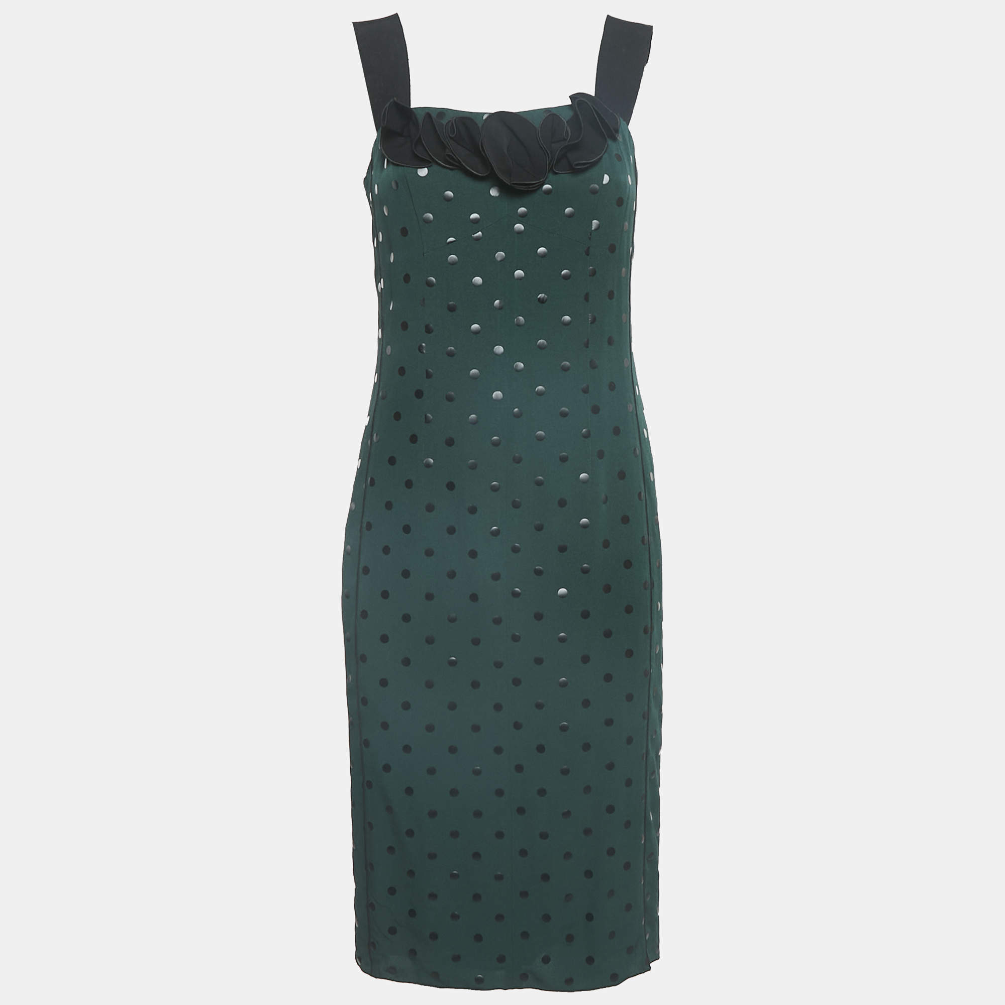 Marc Jacobs Green/Black Dot Print Crepe Ruffled Sleeveless Dress S