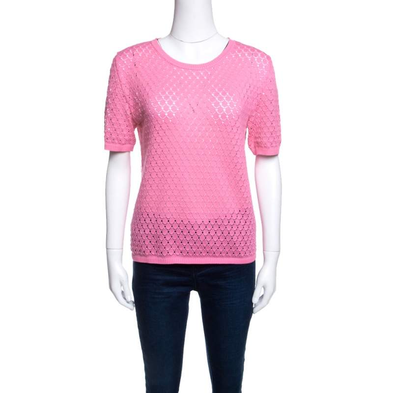 Pre Owned Marc Jacobs Pink Rib Trim Perforated Cotton Knit Top M