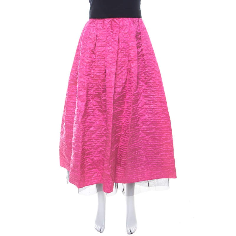 Pre Owned Marc Jacobs Hot Pink Crinkled Silk Tulle Layered Maxi Skirt M