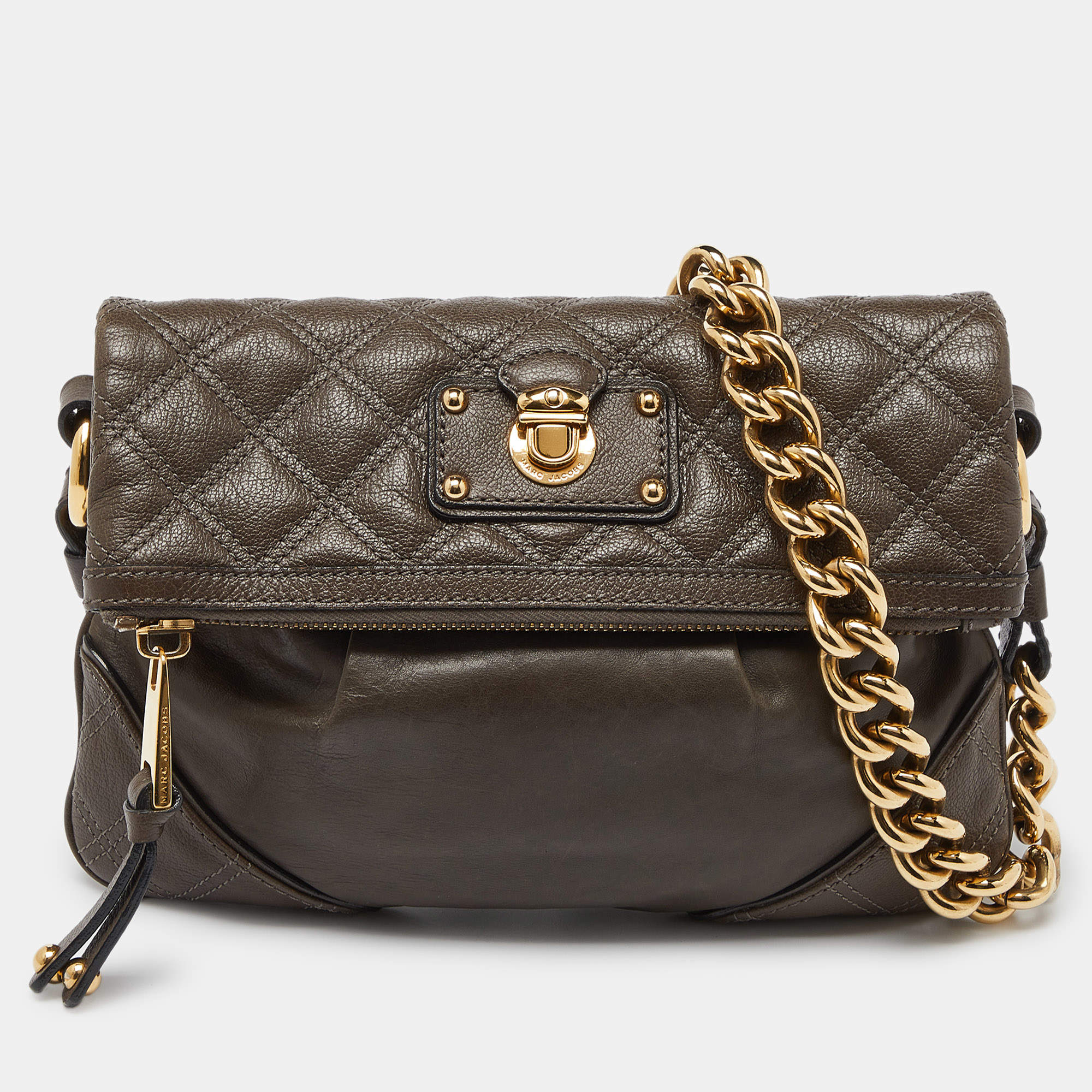 Marc Jacobs Beige/Grey Leather Foldover Shoulder Bag