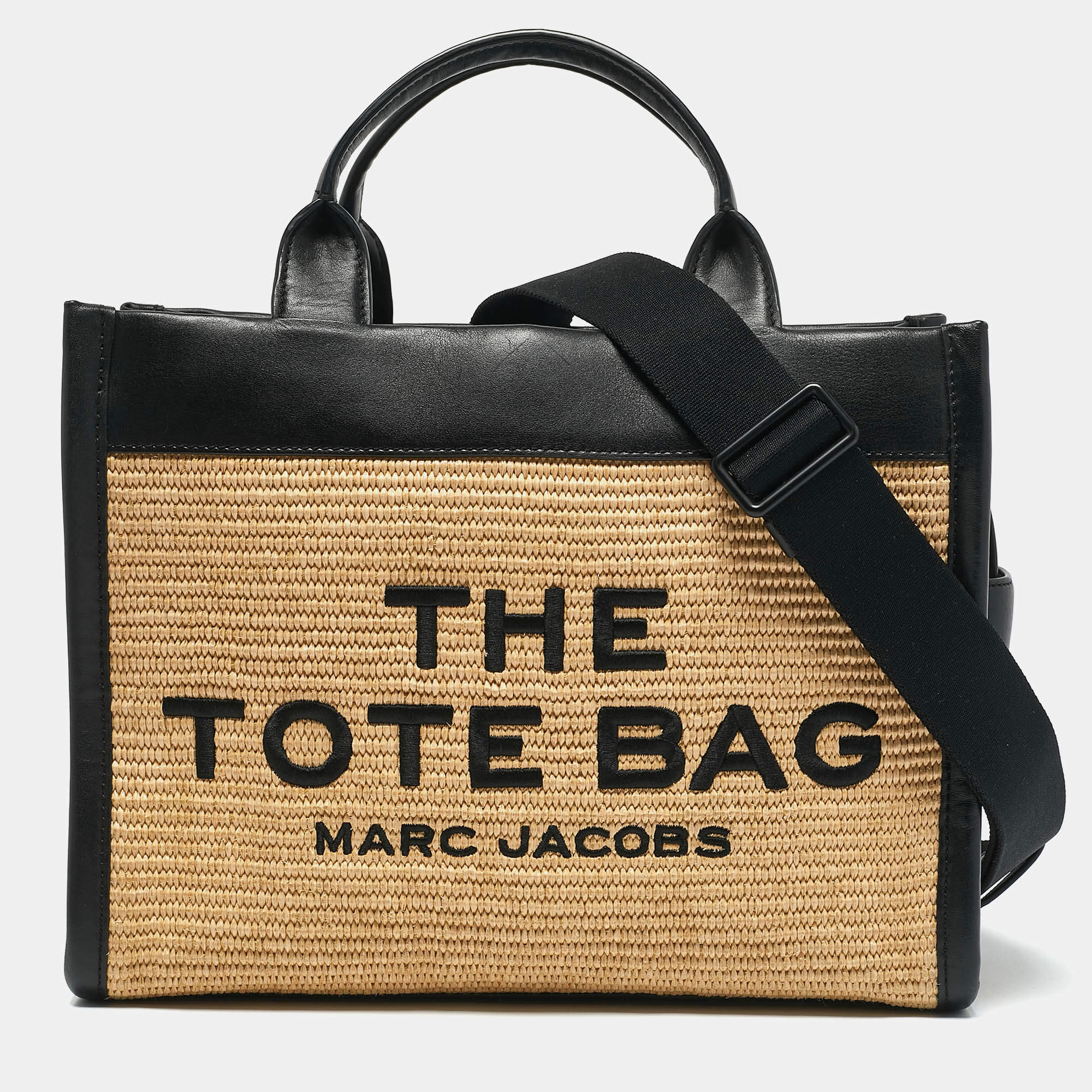 Pre Owned Marc Jacobs Black/Natural Raffia and Leather Medium The Tote Bag